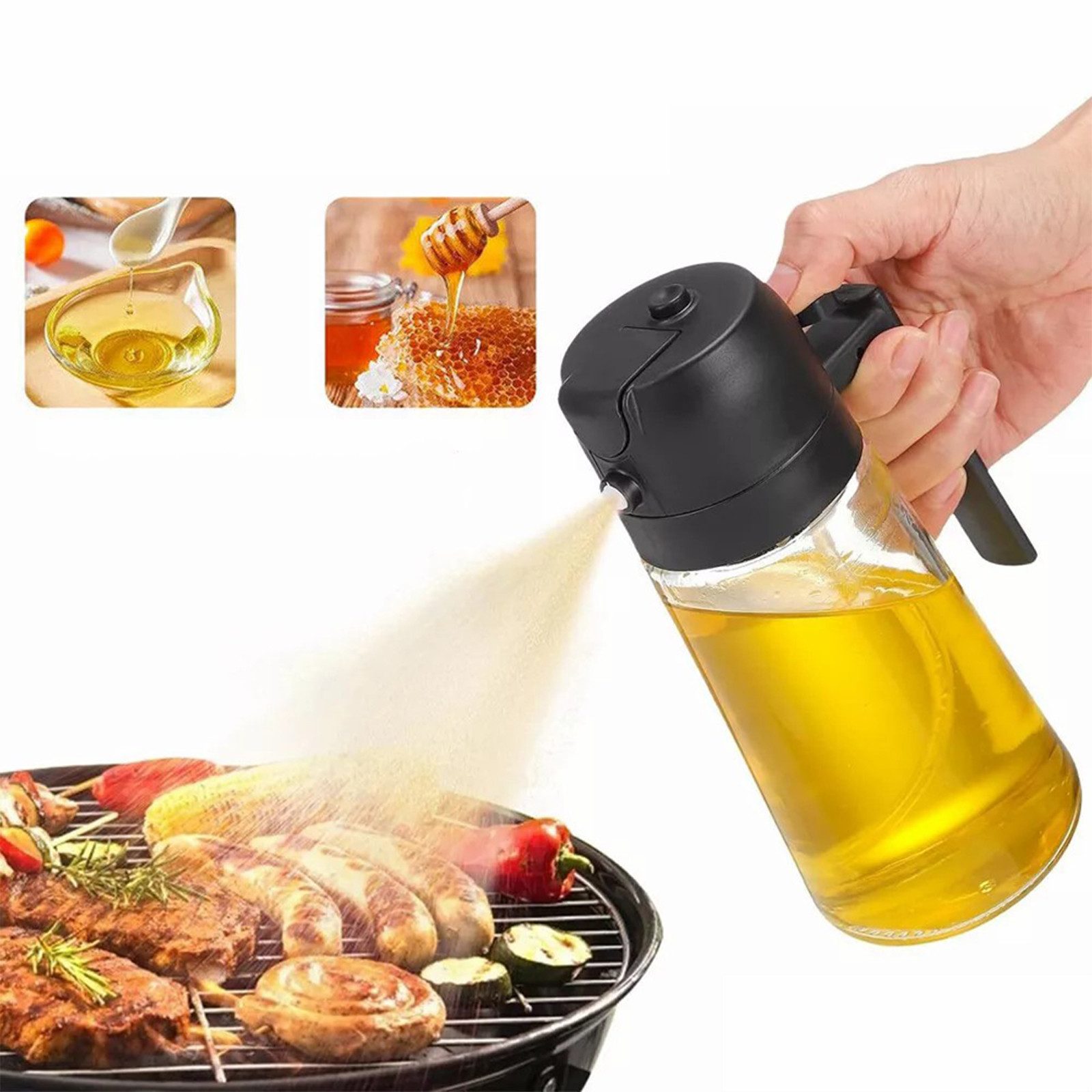 STILVORA Ölspender 470ML Glas Ölspender mit Sprühfunktion Ölsprüher mit Tropfstop&Deckel, (2 in 1 Ölsprüher für Speiseöl, 1-tlg., mit Tropffreiem Auslauf), für Kochen Grillen Küche Heißluftfritteuse Backen
