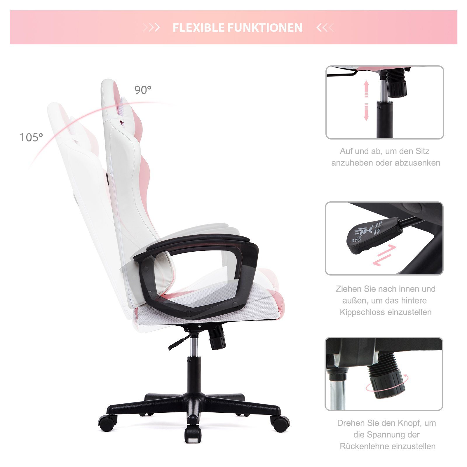 mit WM Ergonomischer hoher Heart Gaming-Stuhl Rückenlehne rosa Verstellbarer Schreibtischstuhl Intimate