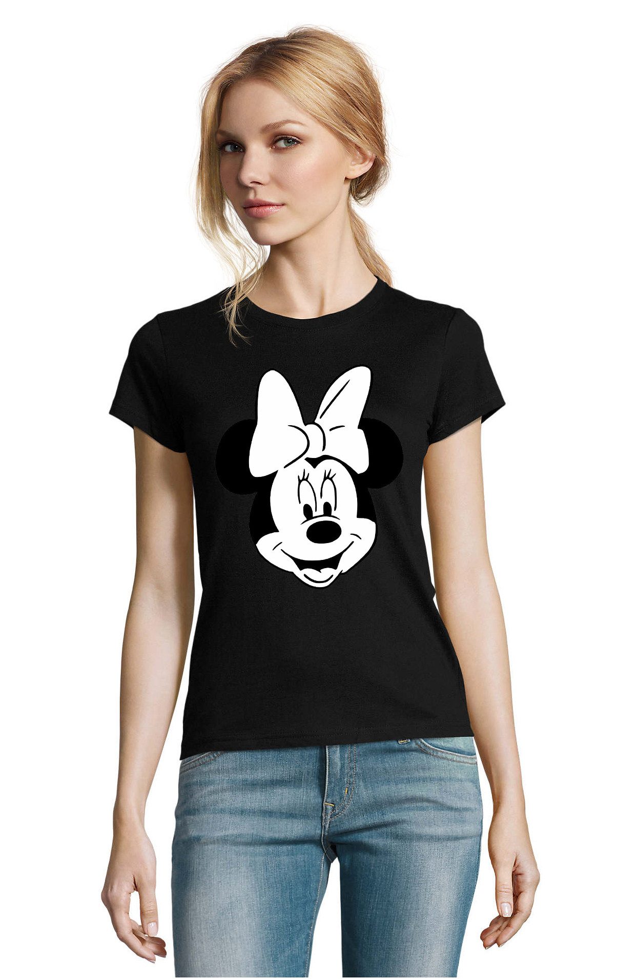 Blondie & Brownie T-Shirt MinnieMouse Damen T Shirt Gesicht Schleife Cartoon Print Rundhals (Einzelstück, Einzelartikel) MinnieMouse D Tee Classic Print