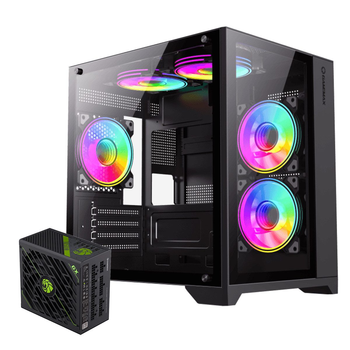 GAMEMAX Gaming-Gehäuse Infinity Mini BK, Mini-Tower, 1x USB 3.0, 2x USB 2.0, Audio, 1050W 80+ Platinum Netzteil vorinstalliert
