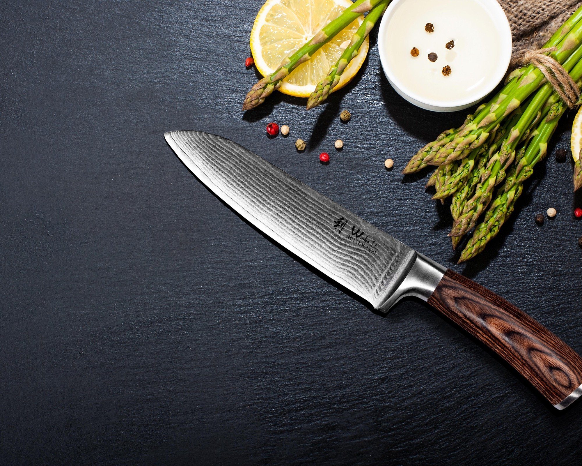 Messer Asiamesser 67 aus Lagen Wakoli Klinge Damaststahl I I Santoku Damast EDIB 17cm