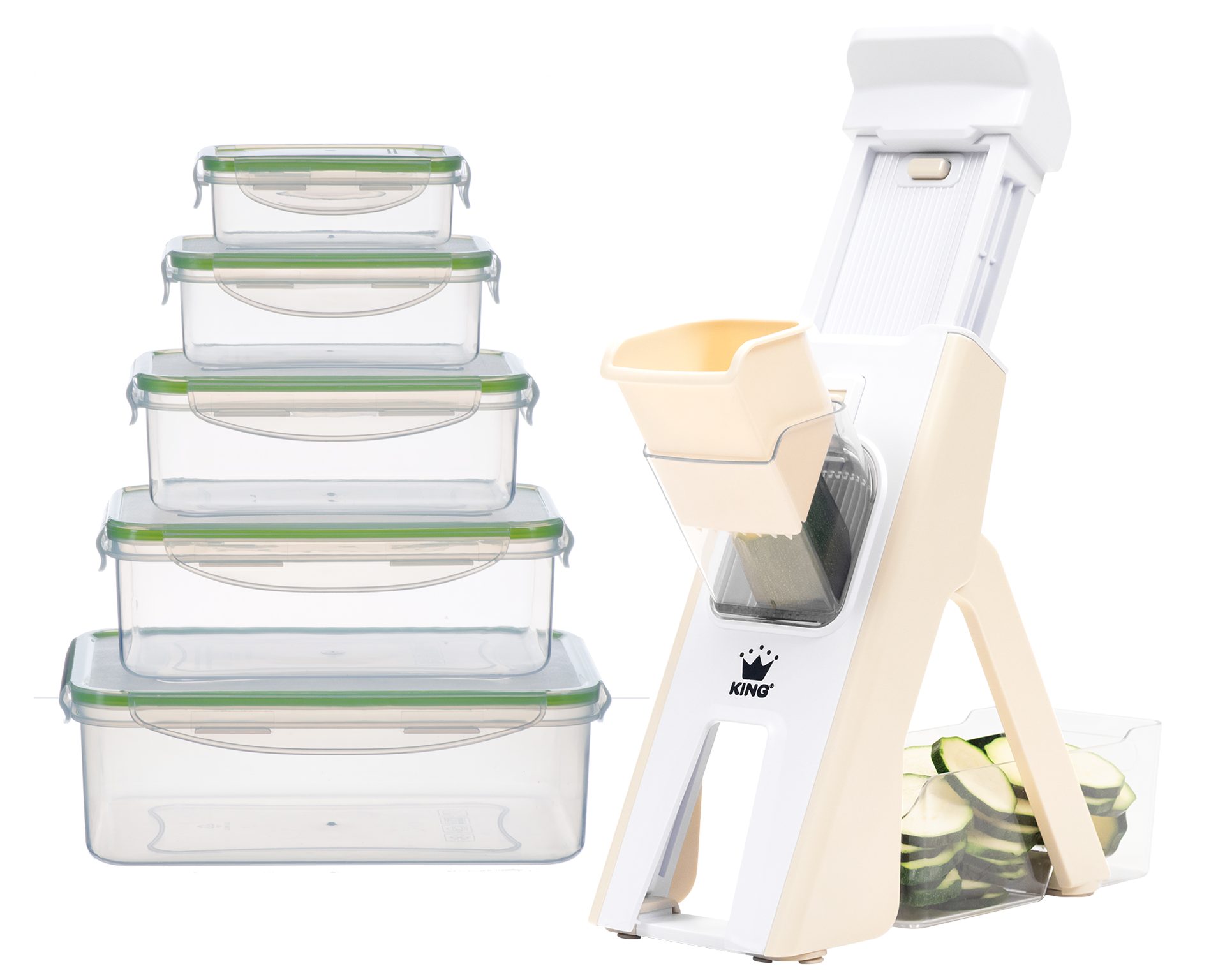 KING Küchenreibe Veggie-Turm-Reibe, Kunststoff, (Set, 11-St., 1 Reibe, 5 Aufbewahrungsboxen inkl. Deckel), Vertikale-Reibe inkl. Auffangbehälter, unterschiedliche Schnittmodi