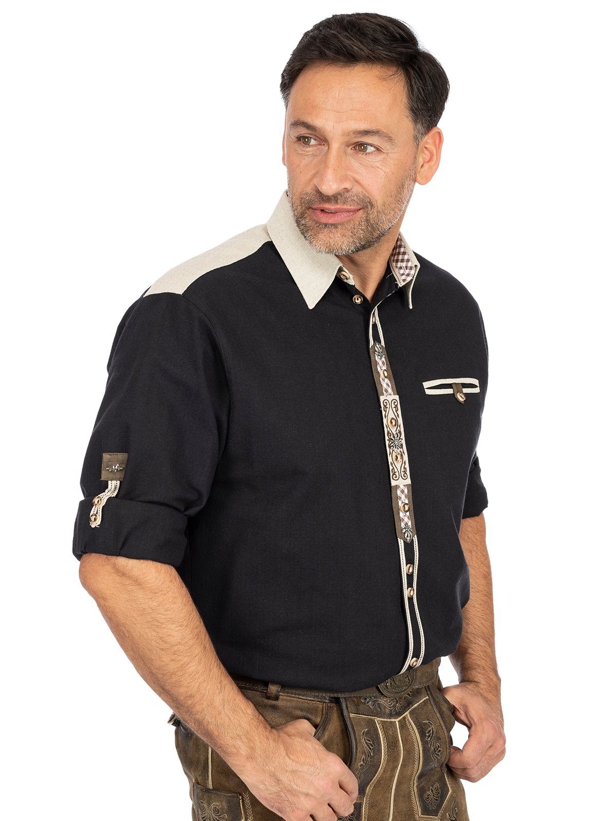 OS-Trachten Trachtenhemd Hemd (Regular LENNART Langarm Fit) schwarz