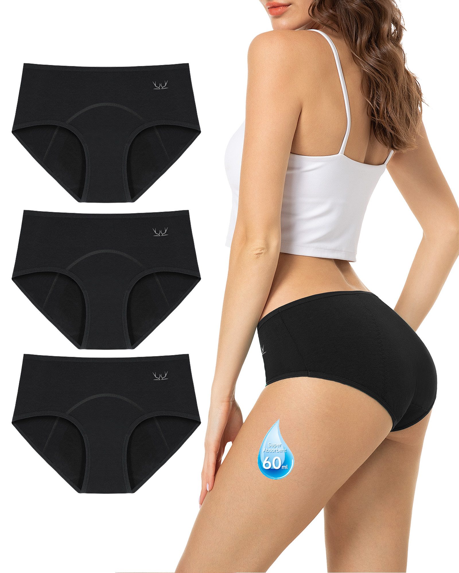 TANSTC Periodenslip Periodenunterwäsche Damen, Menstruationsunterwäsche (Packung, 3er-Pack) auslaufsicher, für starke Tage geeignet, mehrlagiger Schutz, waschbar