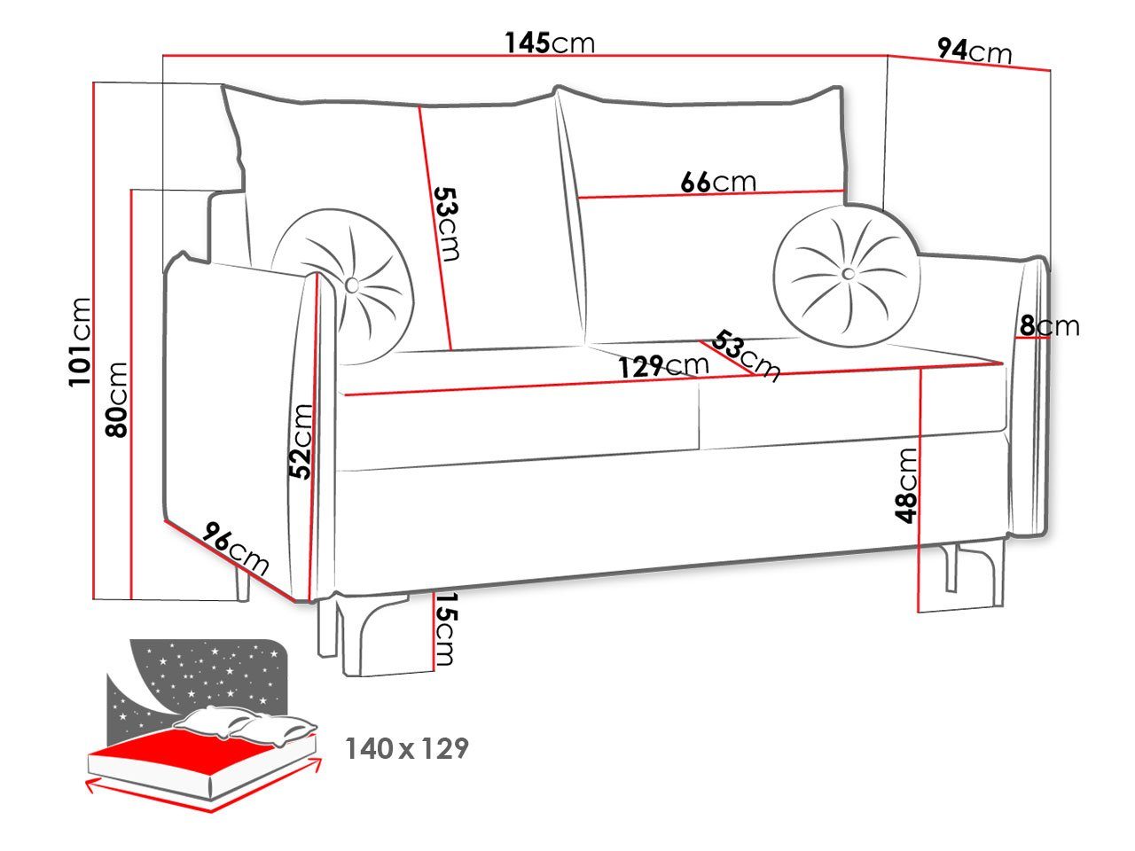 Metallfüße, MIRJAN24 Small, und 25 Manila Bettkasten Kissen-Set, Bonellfeder Schlaffunktion, Leon Schlafsofa mit