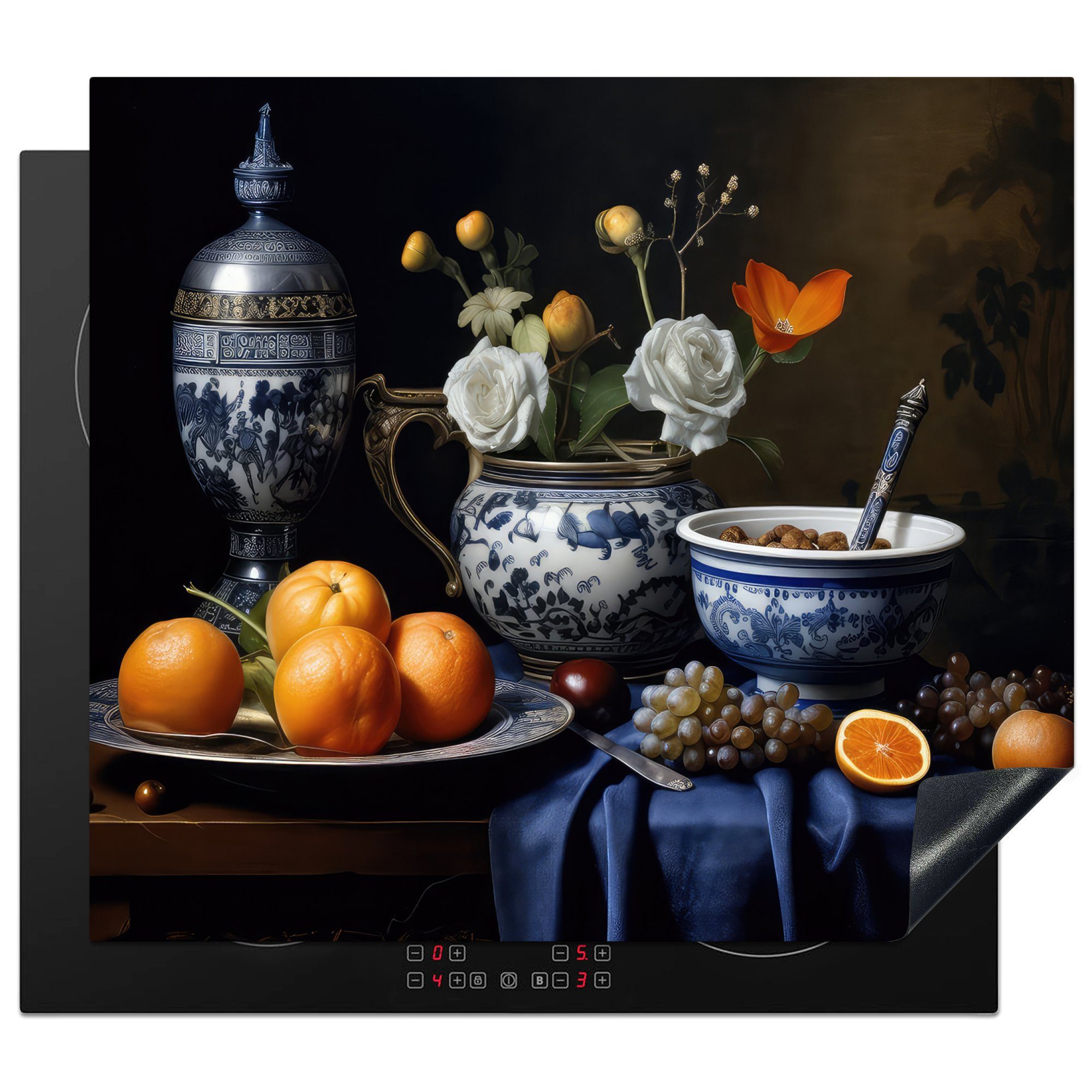 MuchoWow Herdblende-/Abdeckplatte Stilleben - Obst - Blumen - Delfter Blau - Niederländisch, Vinyl, (1 tlg), 60x52 cm, Mobile Arbeitsfläche nutzbar, Ceranfeldabdeckung