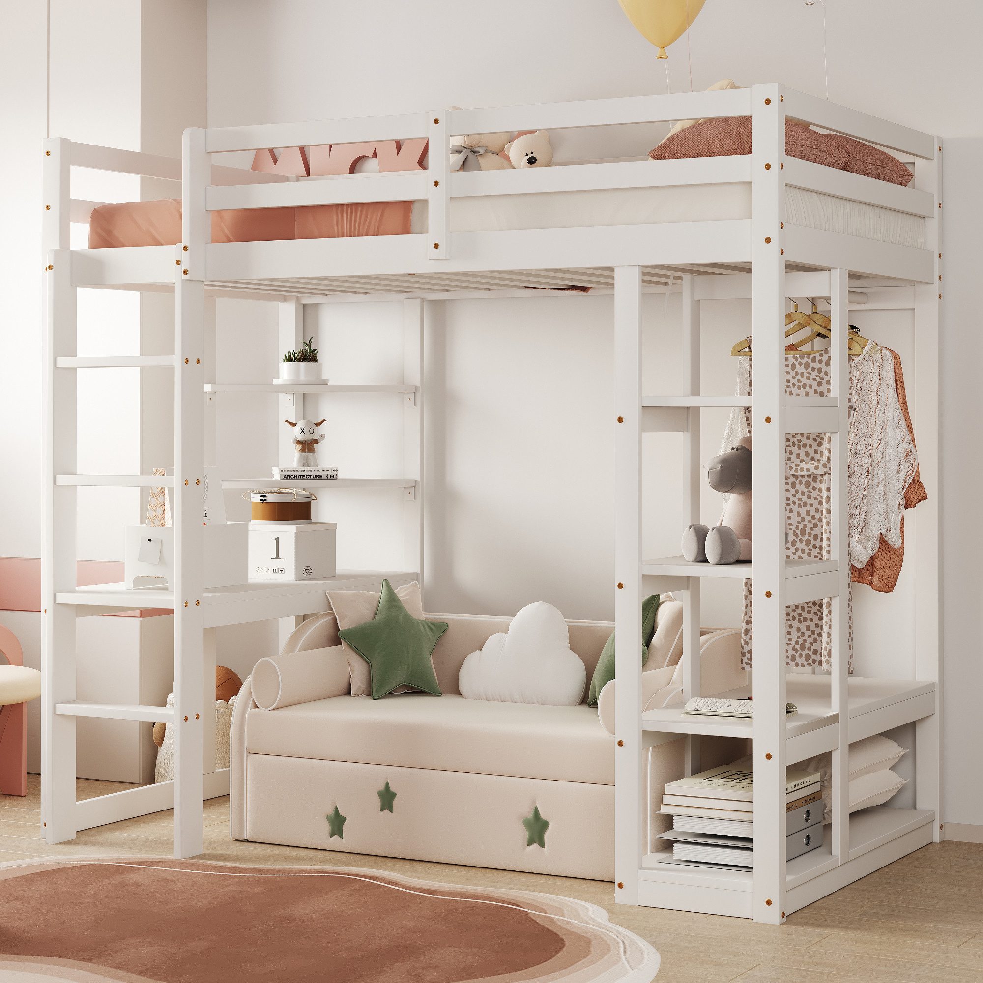 Flieks Hochbett Kinderbett 90x200cm mit Schreibtisch, Kleiderstange und Abl günstig online kaufen