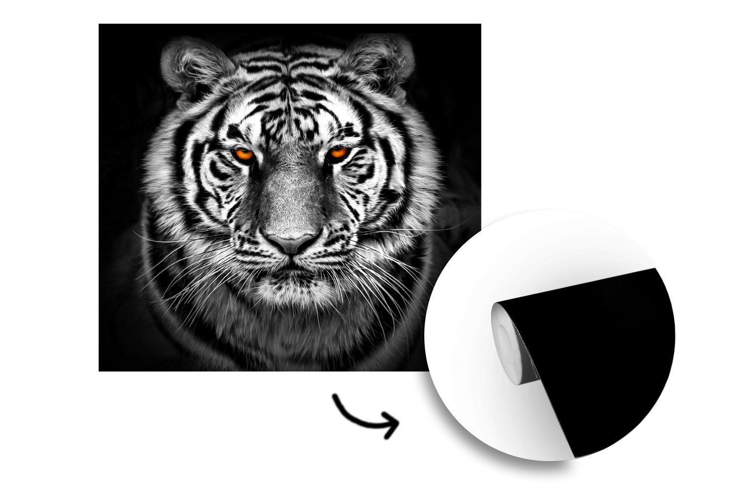 MuchoWow Fototapete Tiger bedruckt, oder Schwarz Wohnzimmer Schlafzimmer, Matt, - Weiß, Wandtapete für St), - - Orange (5 Vinyl Tapete