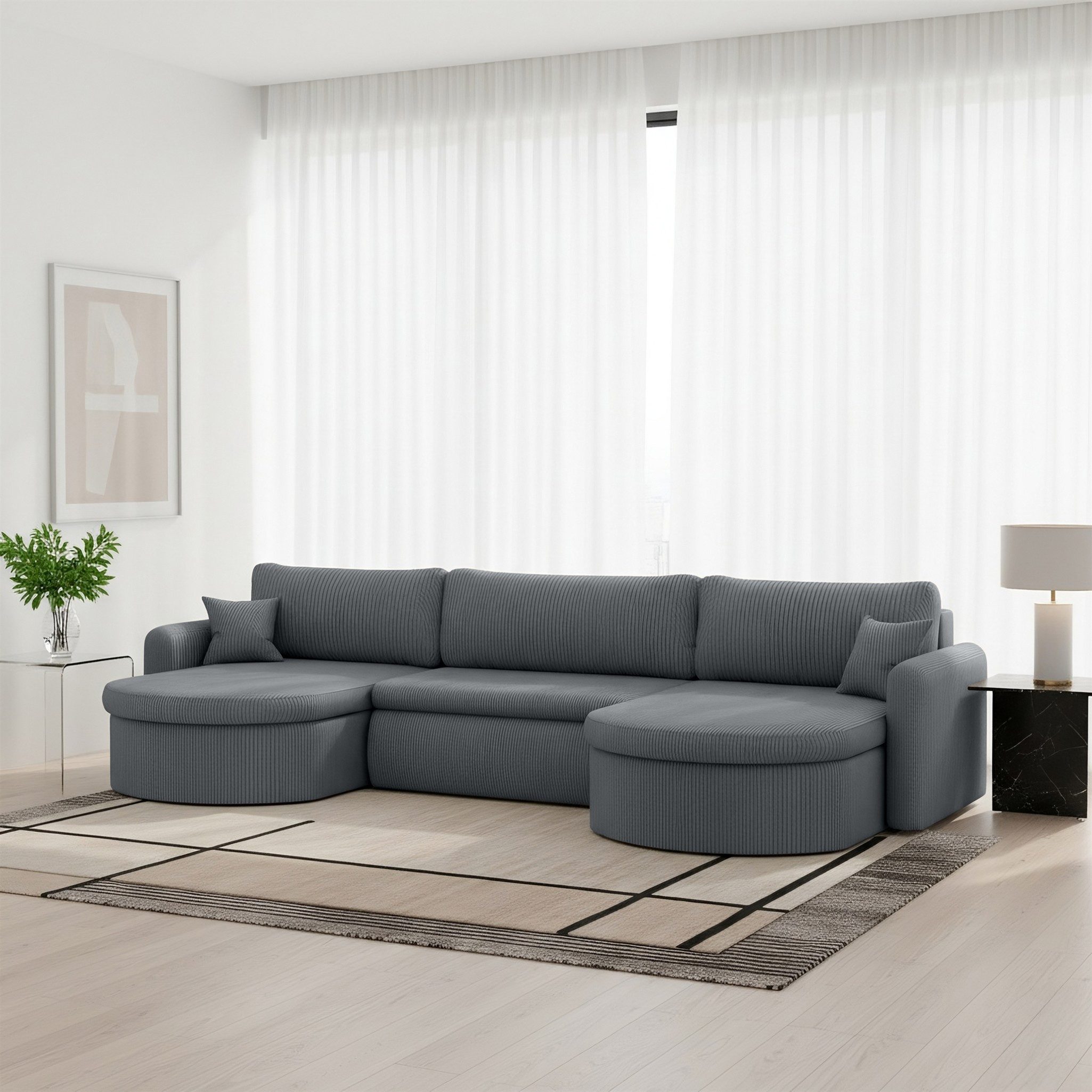Fun Möbel Wohnlandschaft Sofa mit Schlaffunktion FELIZ, Rundumbezug, Inkl. Bettkasten und Zierkissen