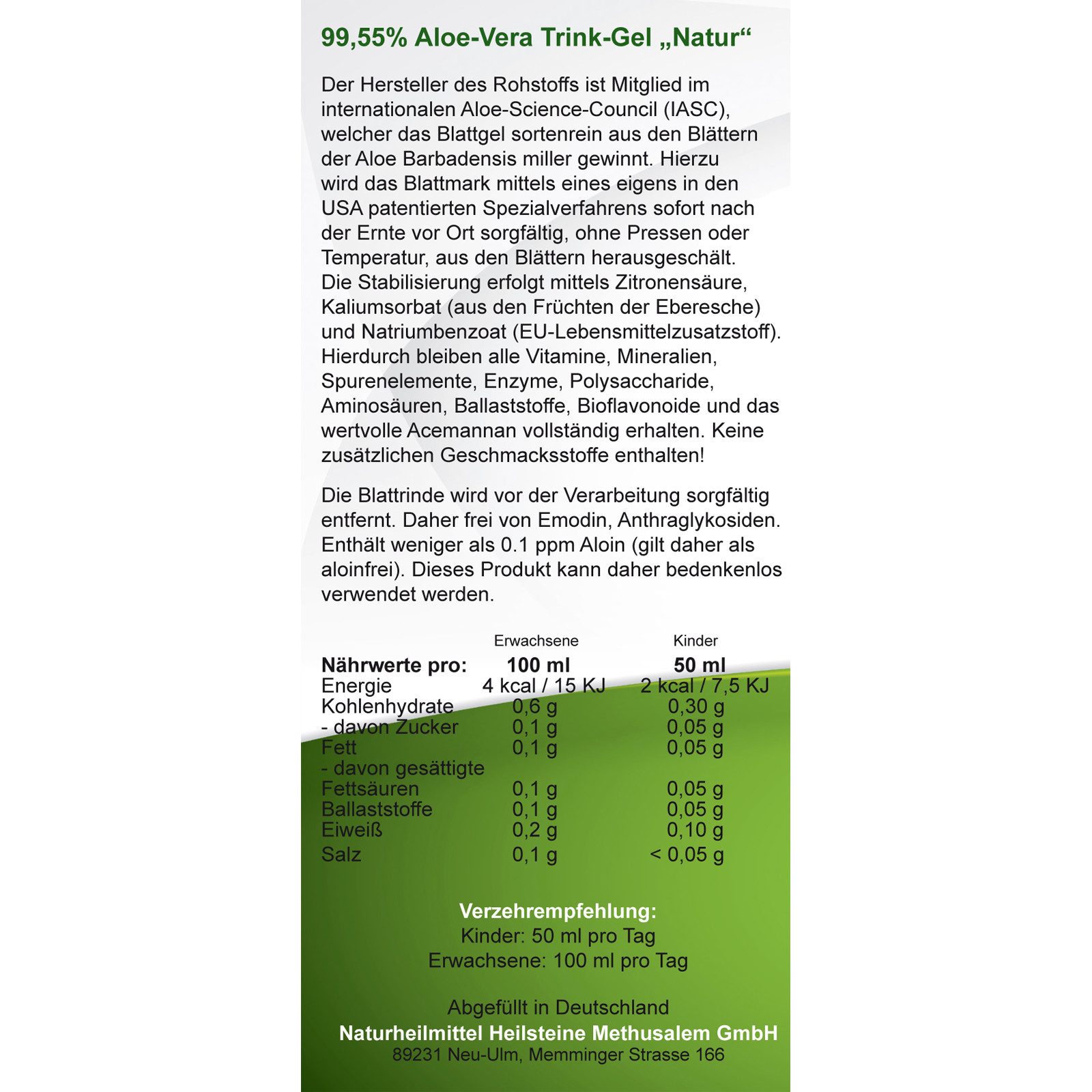 QueenRoyal Aloe Vera 99.55 % Natur pur Barbadensis Miller Getränk Blattgel Trink Gel, 1000 ml, Art .30255 G