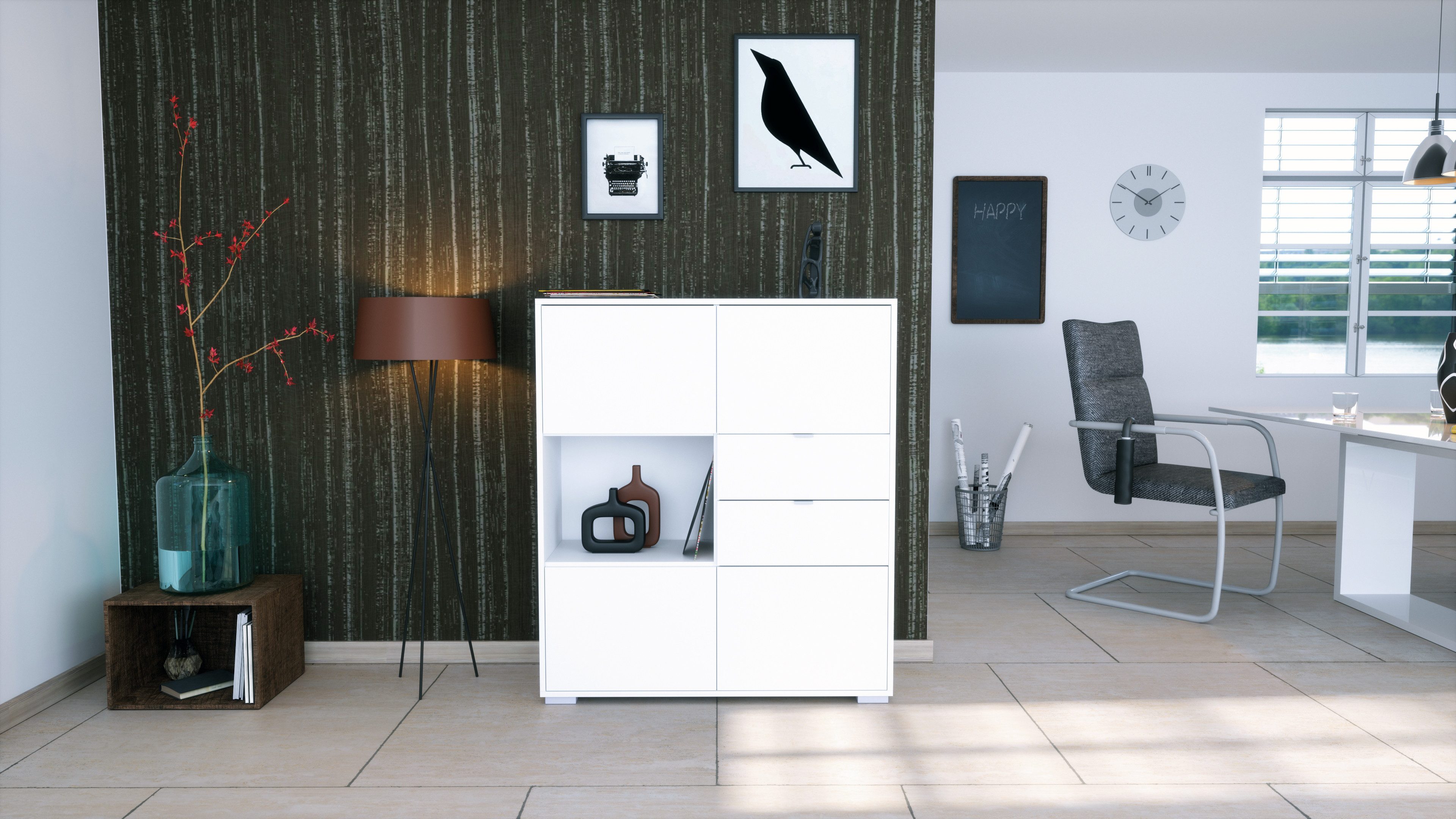 Vladon Highboard Milano V1 (Highboard mit 4 Tür Weiß matt, 2 Schubladen Weiß matt, Made in Germany), Korpus Weiß matt (103 x 118 x 37 cm)
