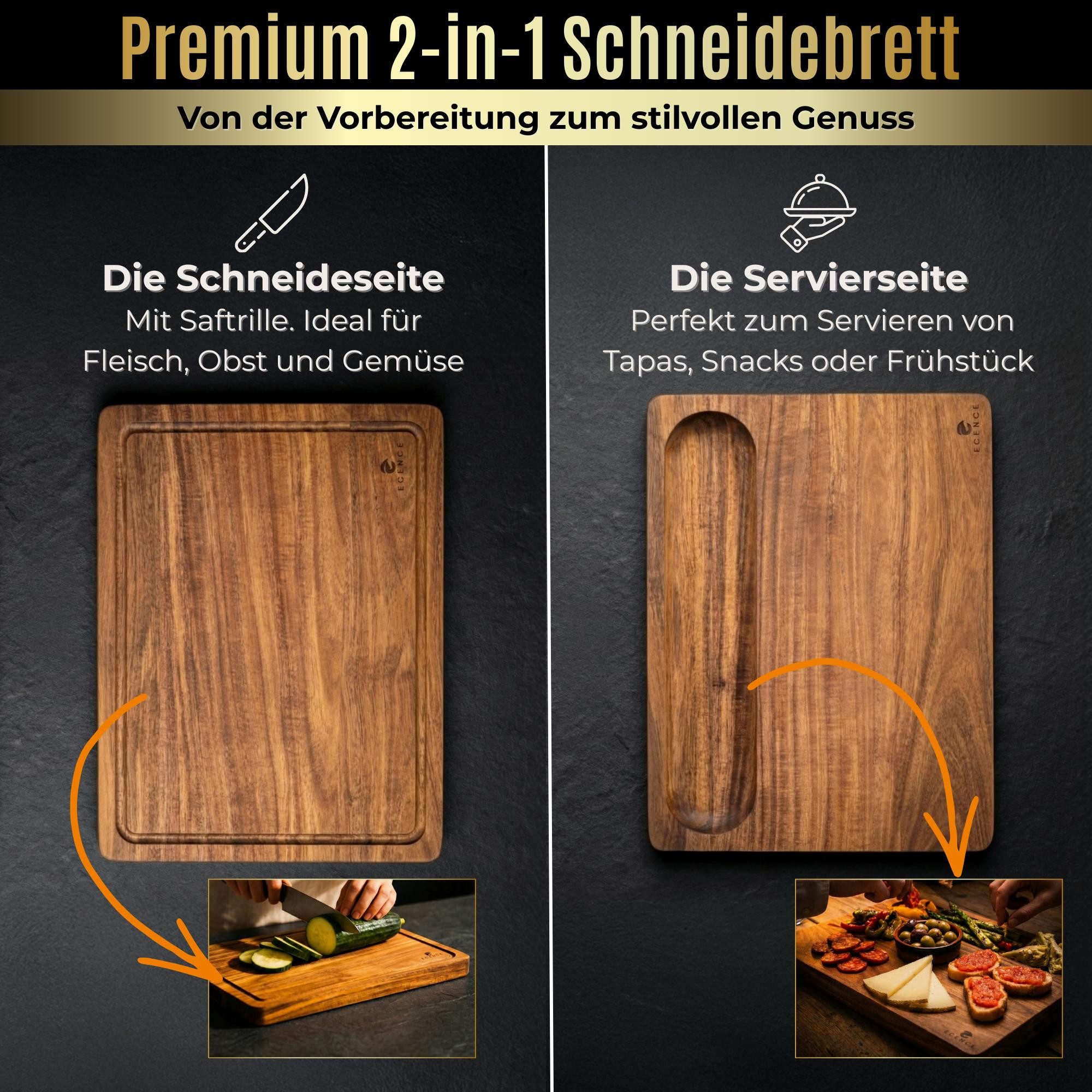 ECENCE Schneidebrett Holz - hochwertiges Küchenbrett aus Akazienholz, Akazienholz, 40x30x3cm, beidseitig nutzbar mit Saftrille & Griffmulden – Bild 2 von 5