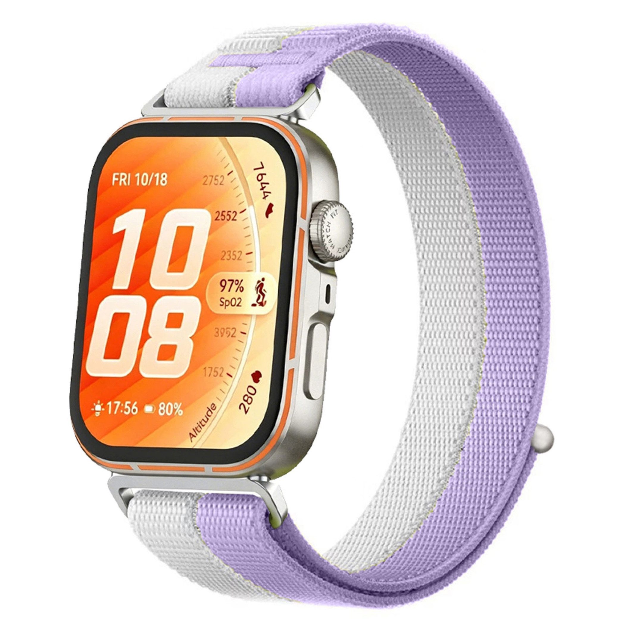 Wigento Smartwatch-Armband Nylon für Huawei Watch Fit 5 4 / 5 4 Pro / 3 Klettverschluss Lila/Weiß, Klettverschluss, Verstellbar