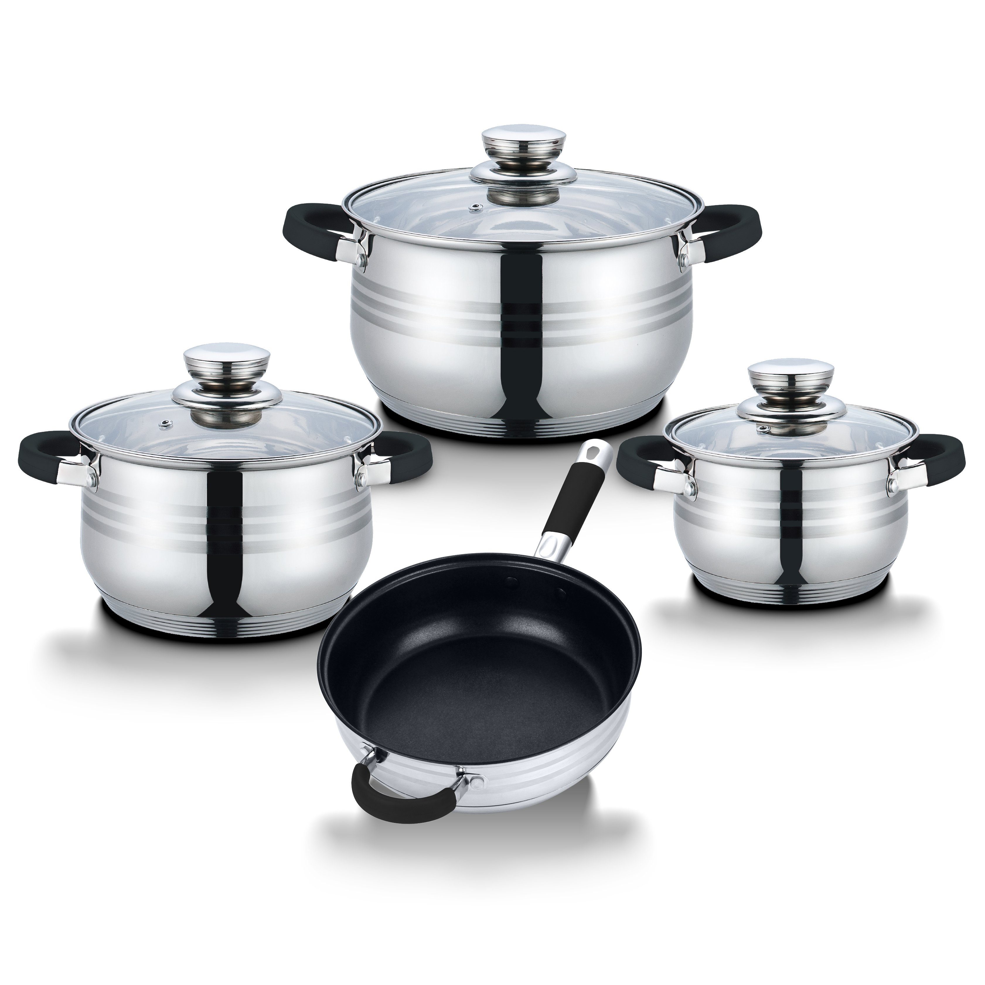 Melody Topf-Set, Edelstahl (Topfset, 7-tlg., 3 Töpfe, 1 Pfanne, 3 Deckel), Induktion, mit Glasdeckel, Induktionsgeeignet