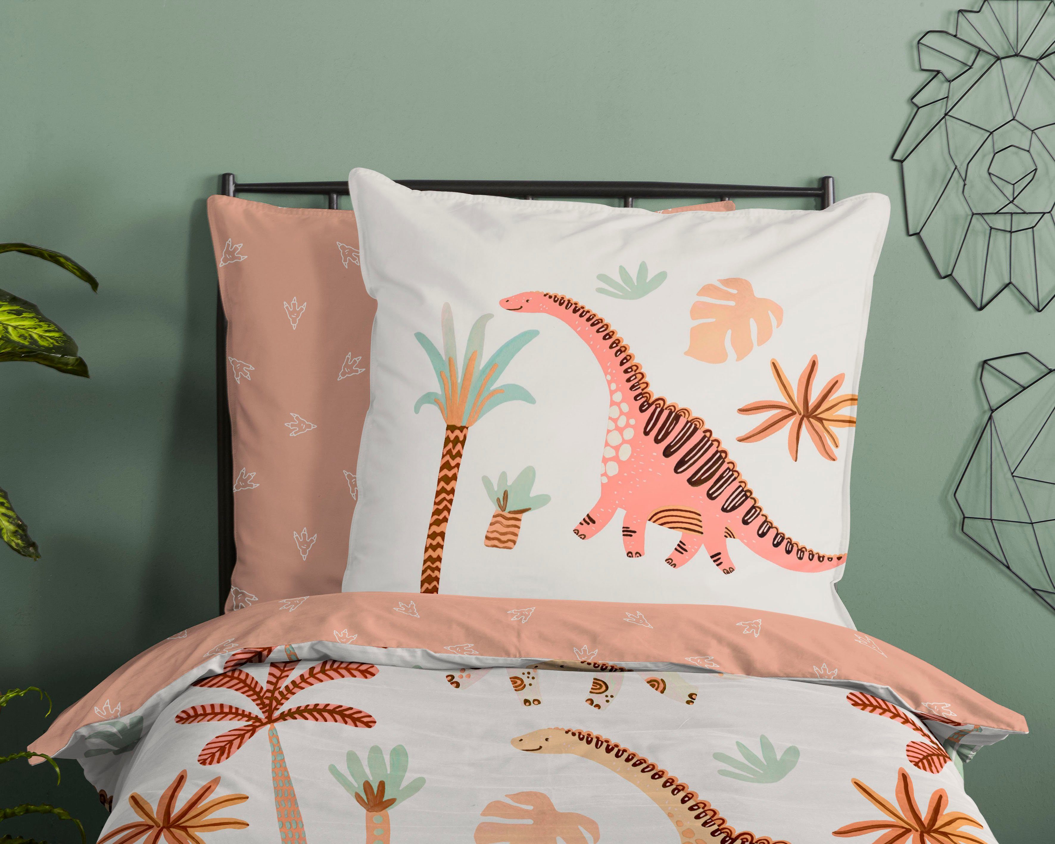 good morning Babybettwäsche Dino, Renforcé, 2 teilig, 100% Baumwolle, 120x150, Reißverschluss, Wendeoptik, Baby, Junge, Dino