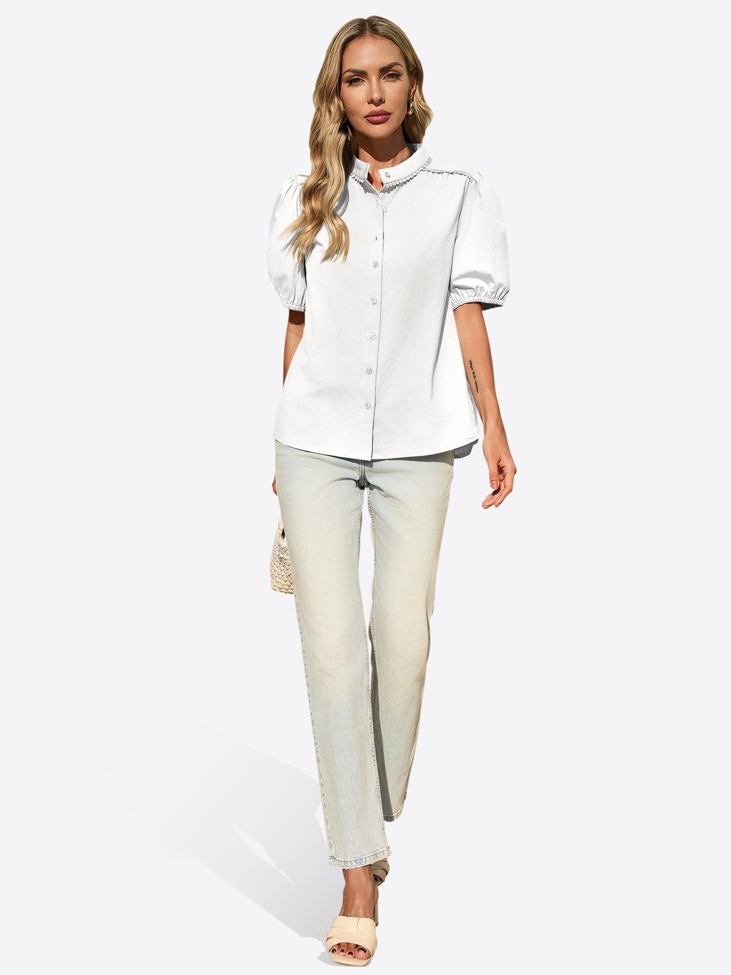 Imily Bela Blusentop Damen Bluse mit Puffärmeln und Falten (Packung, 1-tlg., 1per-Pack) Stehkragen