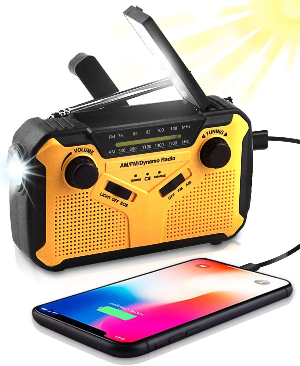 Kurbelradio mit Handyladefunktion Solar Tragbare USB Notfallradio mit wiederaufladbarem Akku SOS-Alarm AM/FM Helle Taschenlampe Kopfhöreranschluss für Outdoor-Camping-Wandern Andoer Solarradio 