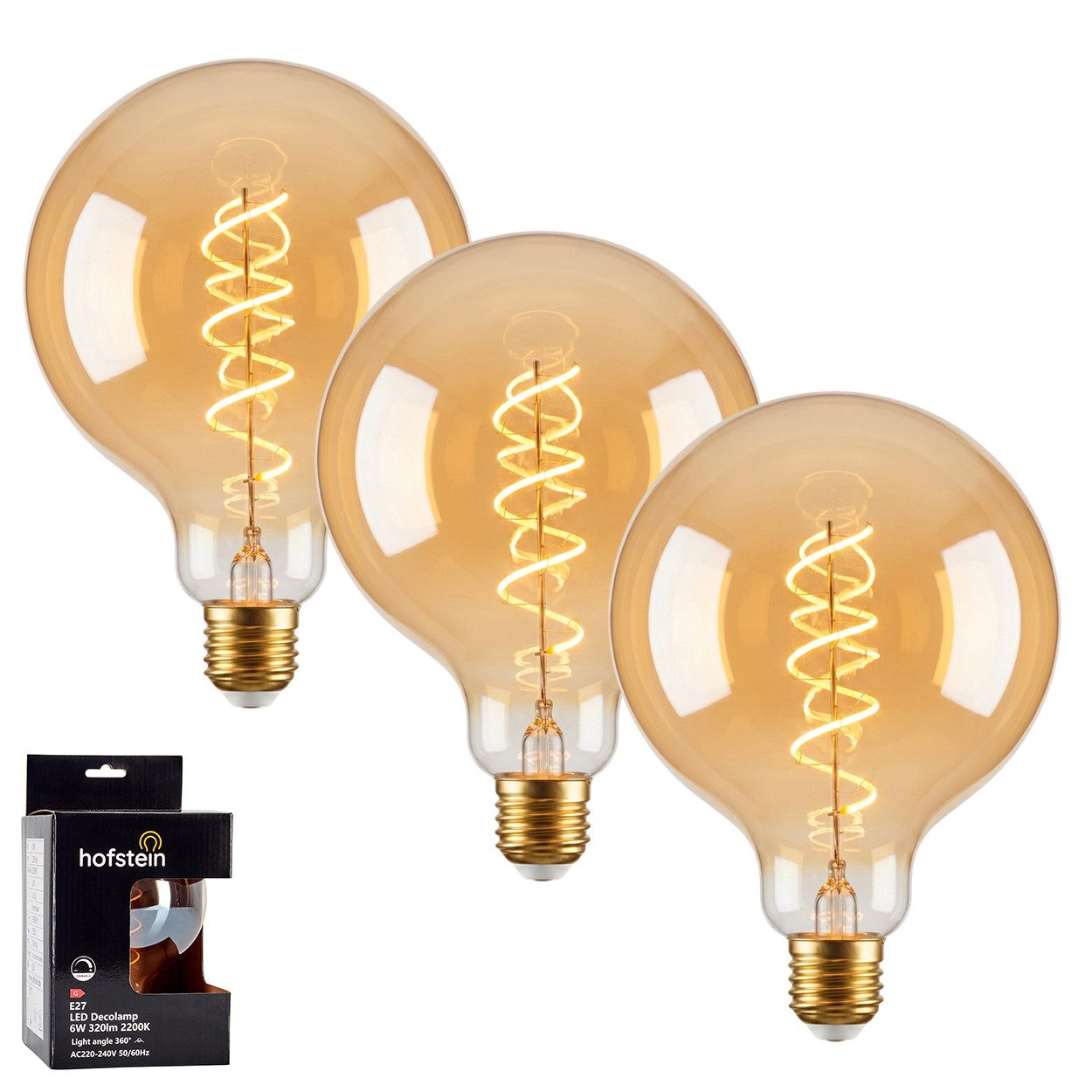 hofstein LED-Leuchtmittel 3er Set Glühbirne Extra Warmweiß dimmbar 6 Watt, E27, 2200 Kelvin, 320 Lumen, Globe Vintage, Filament Spirale, Amber