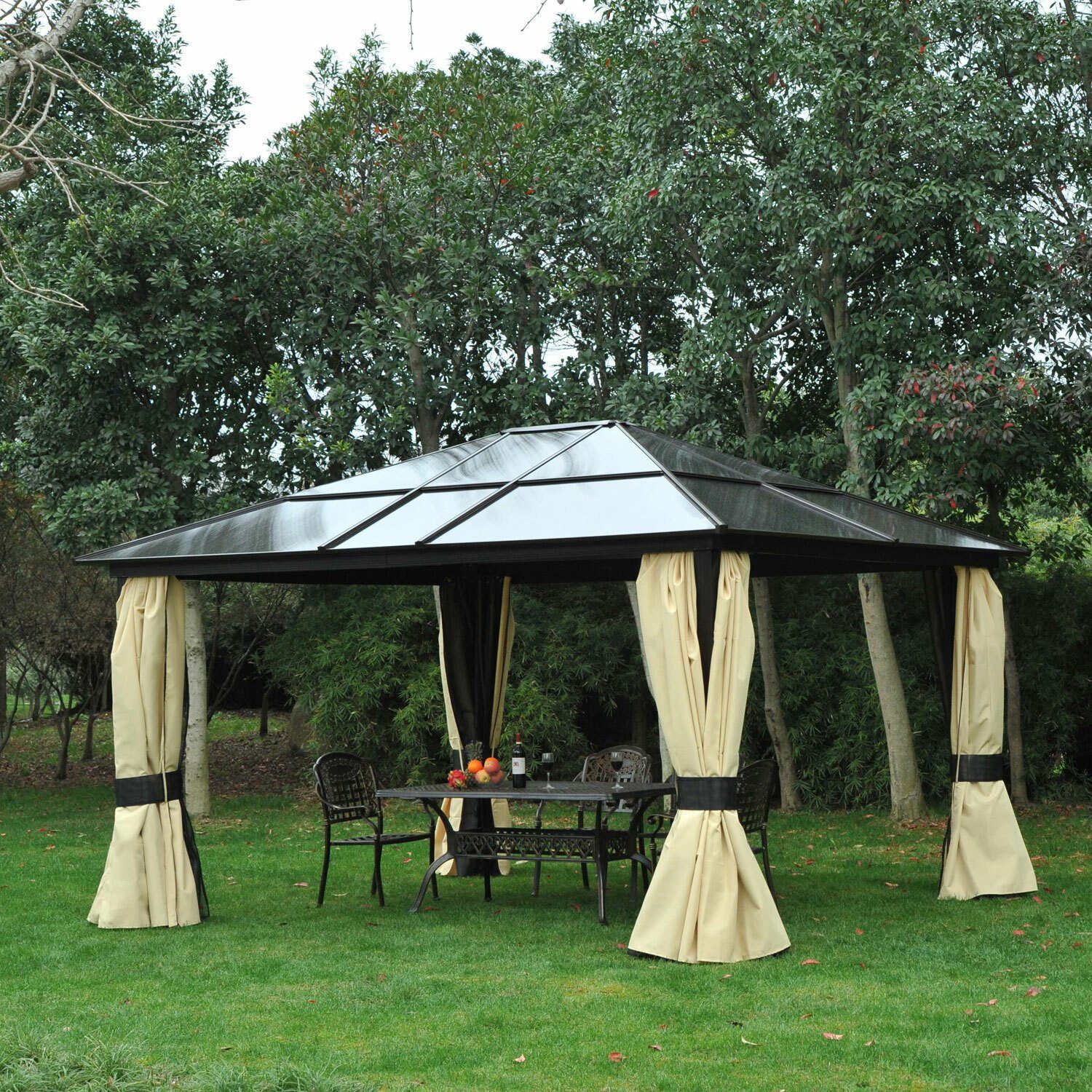 Outsunny Pavillon Luxus Pavillon mit lichtdurchlässigem Dach, Gartenpavillon Alu Partyzelt Gartenzelt 430 x 360 x 265 cm