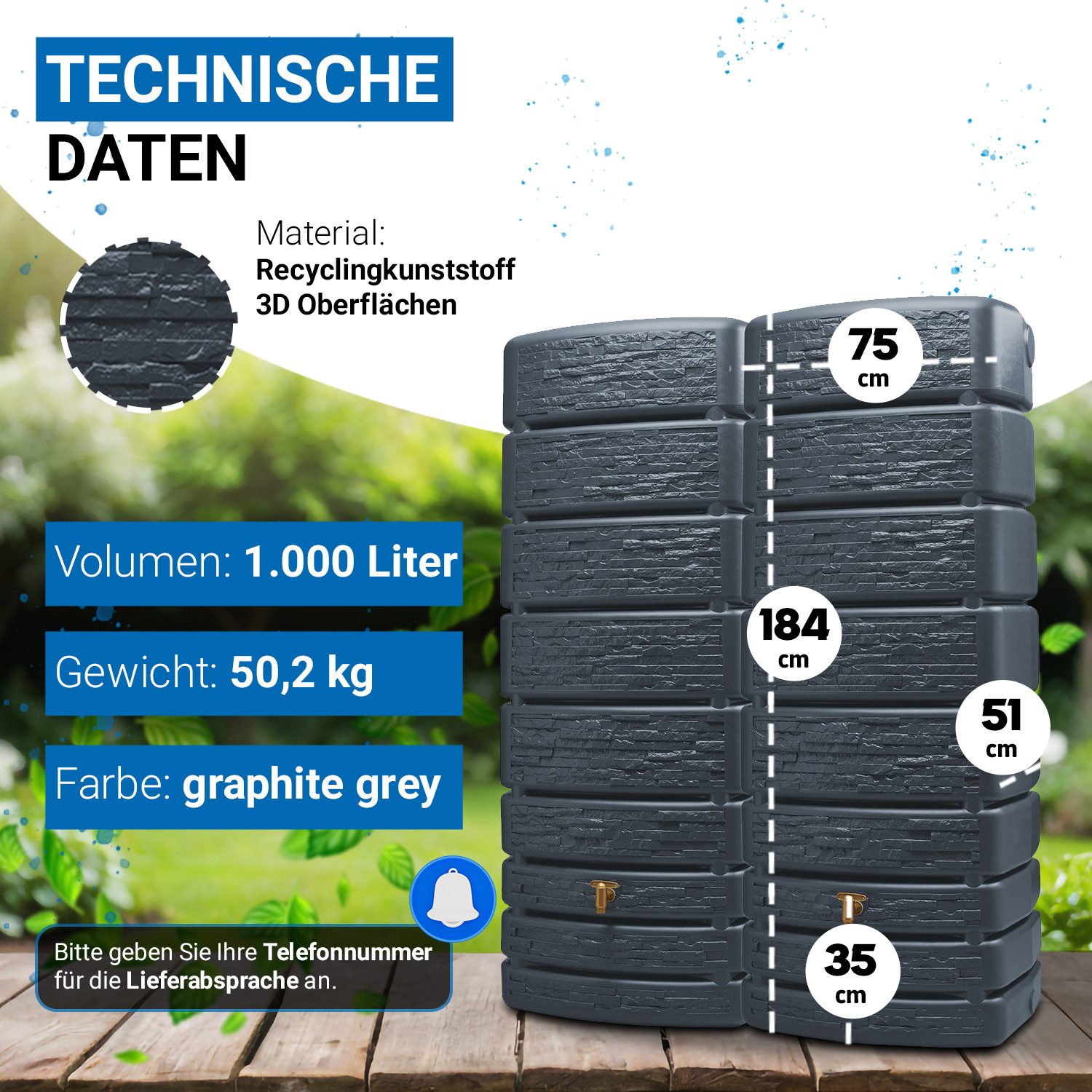 4rain Regentonne SLIM STONE DECOR Wandtank-Set 1000 L graphite grey, 1000 l – Bild 3 von 5