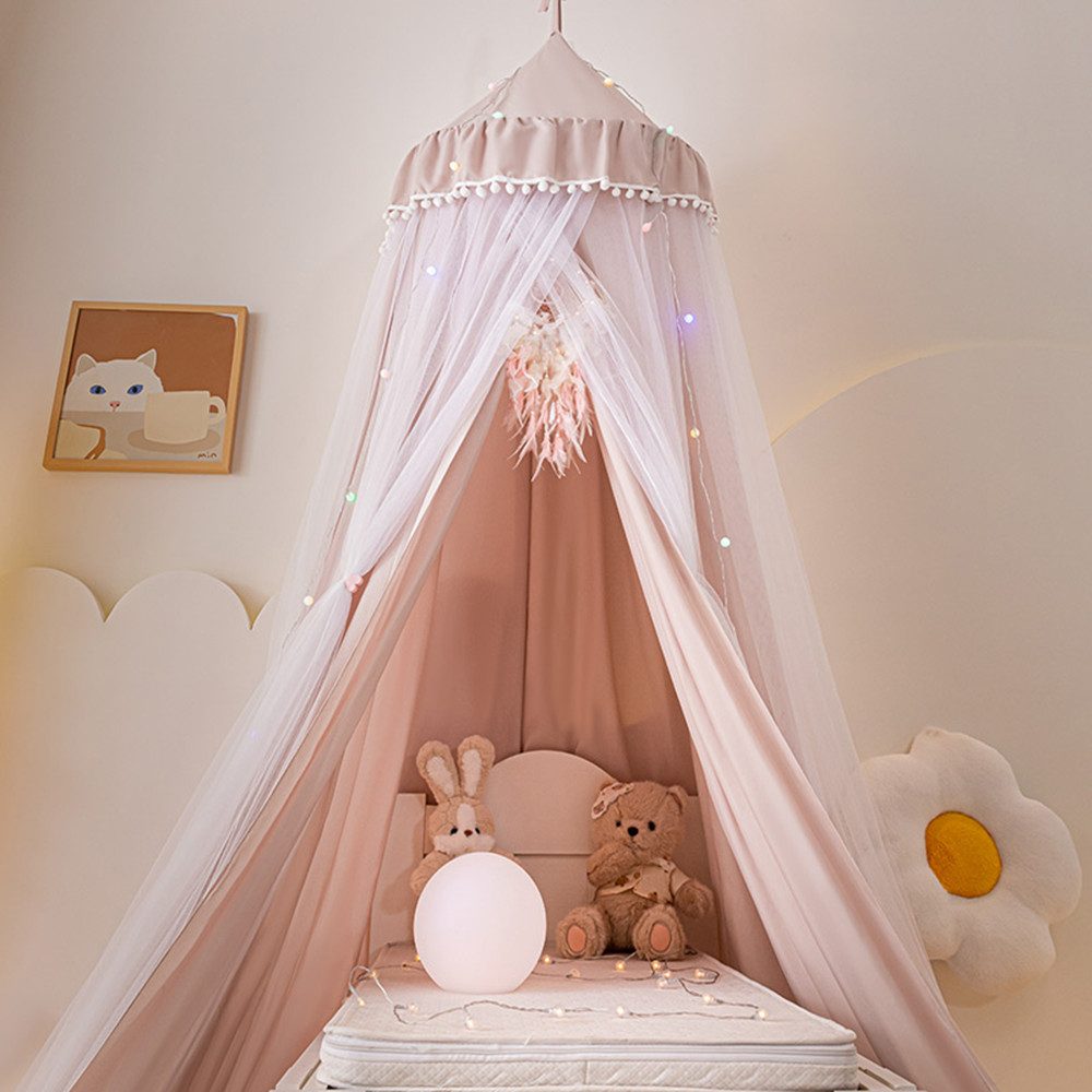 Jibenhome Moskitonetz Doppelschicht Moskitonetz, Bett Baldachin, Lichtblockierung Kuppel, Faltbares Pompon Moskitonetz Bett für Kinderzimmer