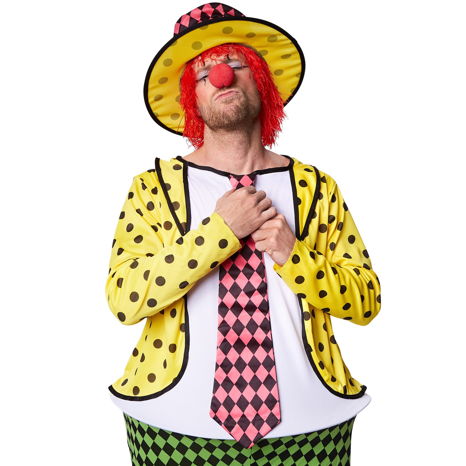 dressforfun Clown-Kostüm Spaßvogel/Komiker, in grün, Gr. XXL, Lustiger Hut, Overall, Krawatte, Anzugoptik in bequemem elastischen Jersey-Stretch-Material, Bunte Hose
