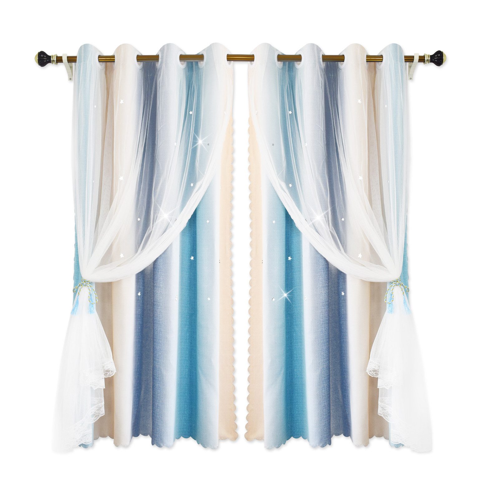 Rosnek Vorhang Doppellagig, Tüll, Schleife, ausgehöhlte Sterne, Öse, für Wo günstig online kaufen