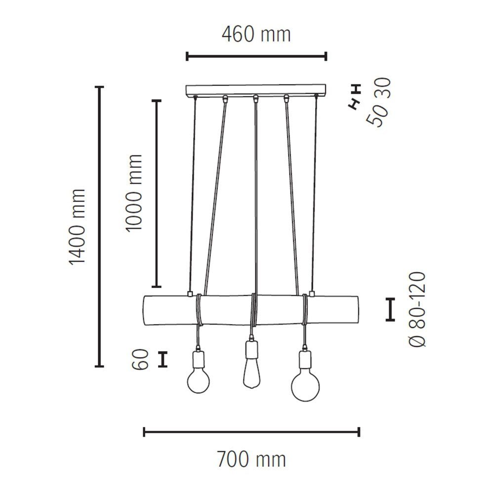 Leuchtmittel Esstischleuchte Holz Hängelampe Landhaus schwarz inklusive, Light 3-flammig nicht matt SPOT 65cm L Pendelleuchte,