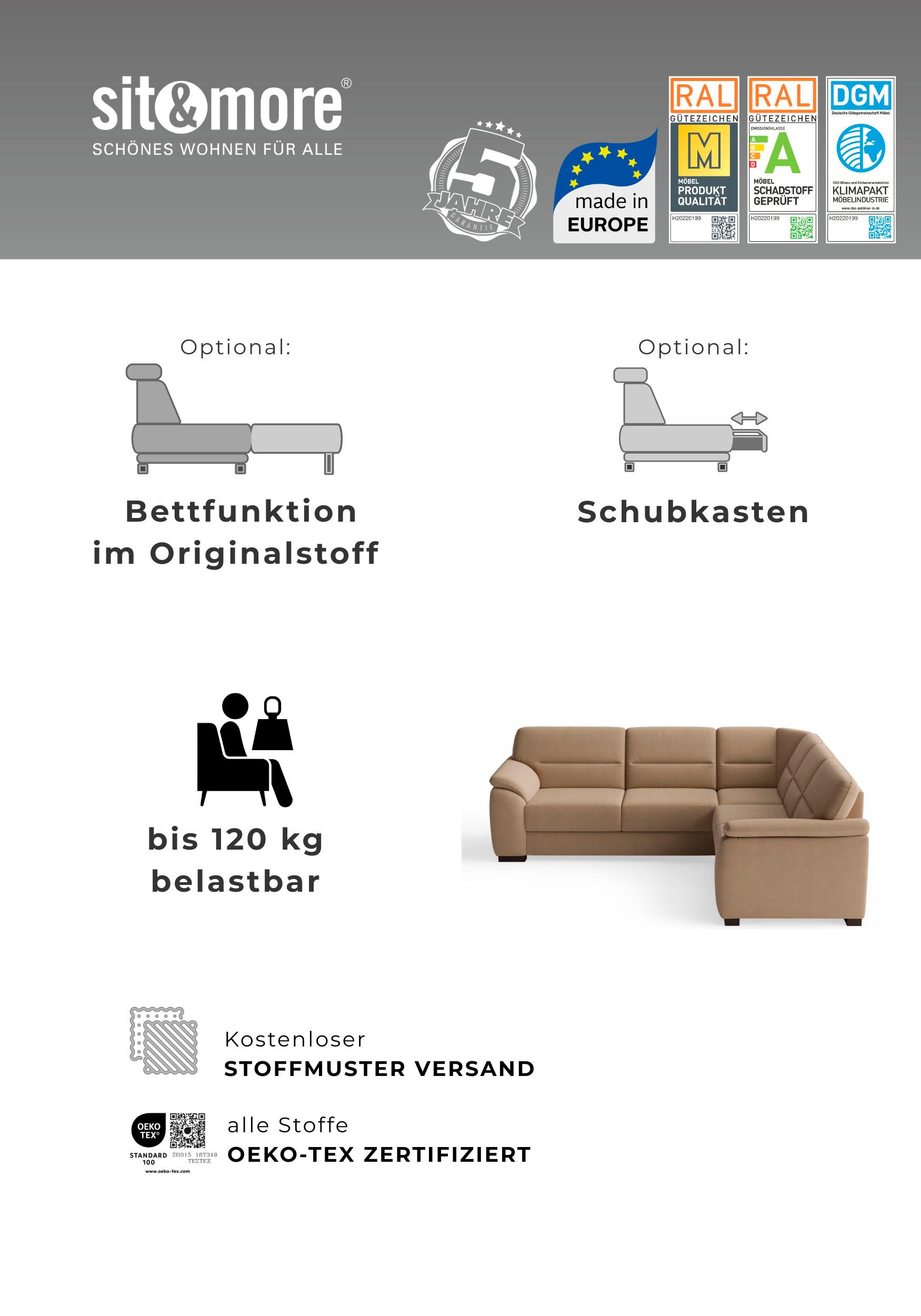sit&more Ecksofa Montego L-Form, B: 255 cm, wahlweise mit Schlaffunktion und Schubkasten