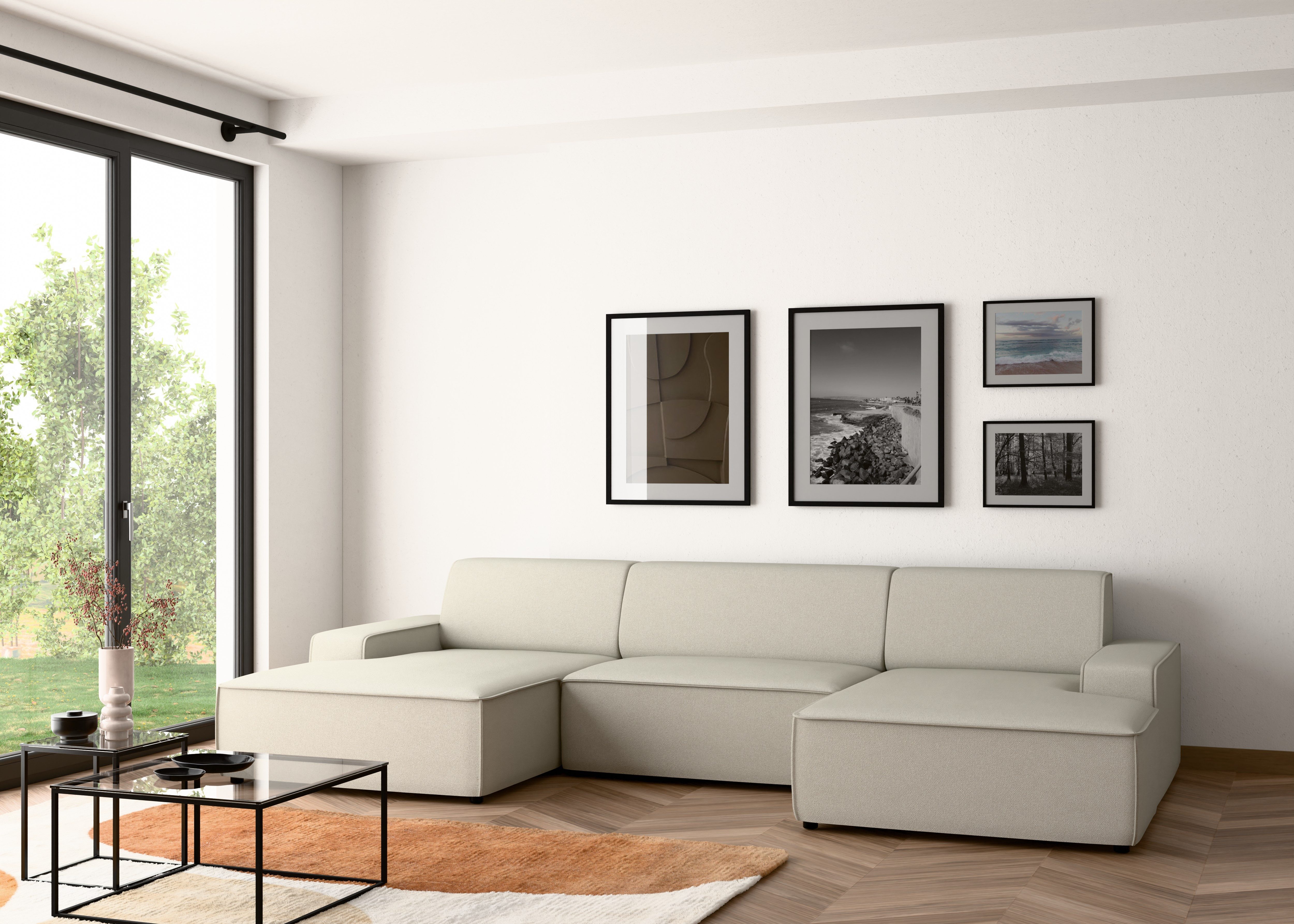 TRENDMANUFAKTUR Wohnlandschaft Graz, wahlweise mit Sitzvorschub und Bettkasten, U-Form, Breite 329 cm, in Cord-, haustierfreundlichem LEO Struktur- oder LUMOS-3D-Bezug