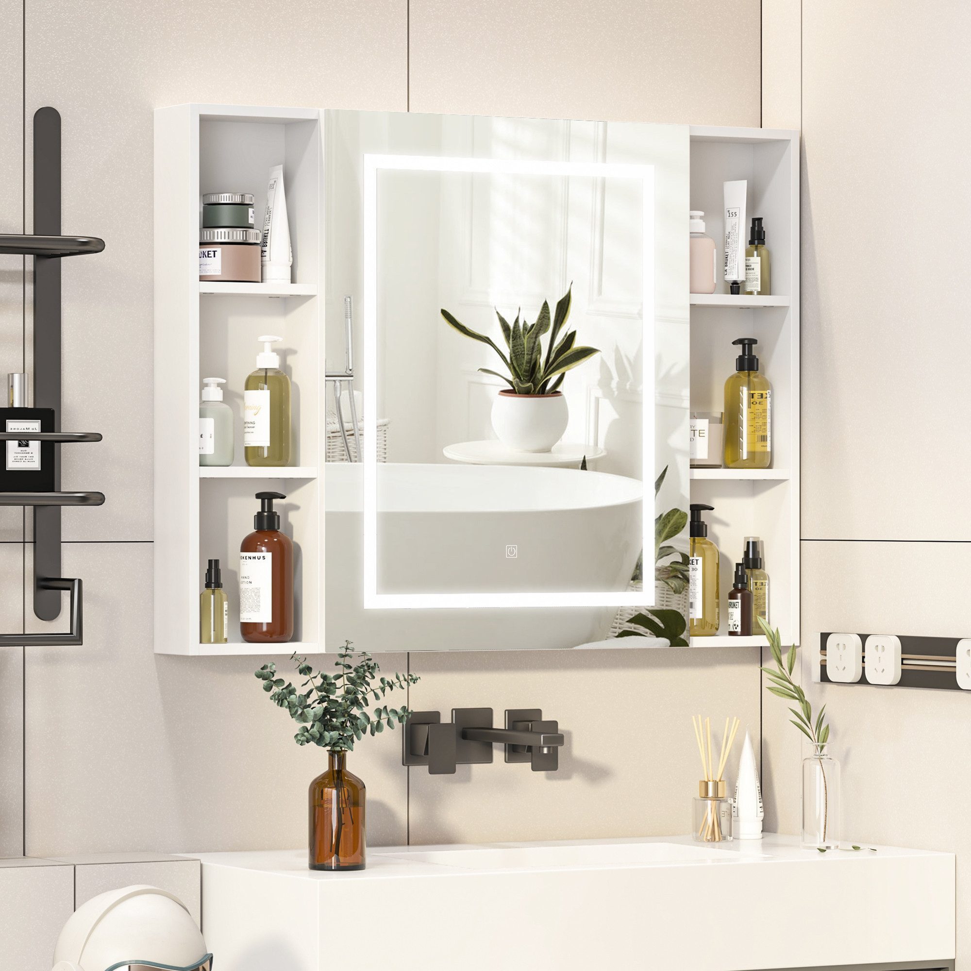 radelldar Badezimmerspiegelschrank mit LED-Beleuchtung & offenen Regalen, 100x76x13,5 cm, Weiß (1-St) Spiegelschrank mit Stauraum, 3 Farben, Dimmbar