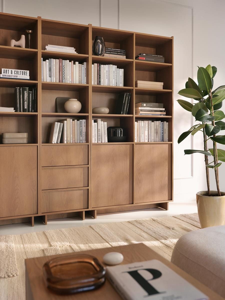 Compleo Bücherregal Set 2x+1 Regale, 4 Türen und 3 Schubladen KELLOS, MADE IN EU, Arbeitszimmer Stil Japandi