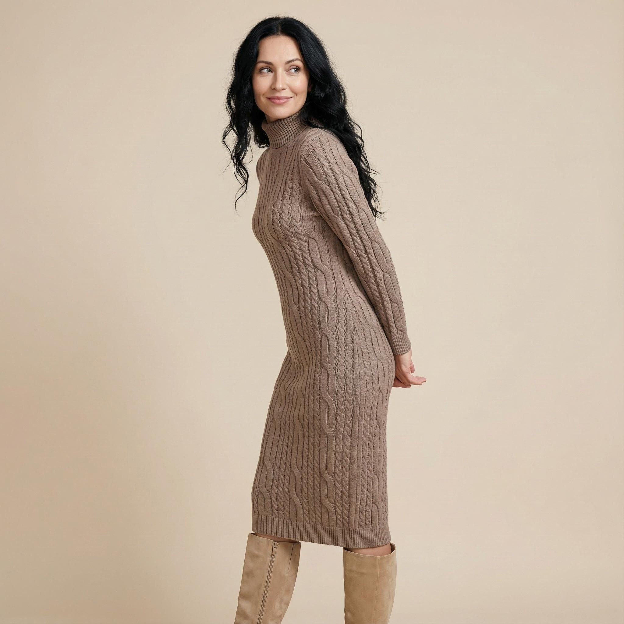 OriginalYou Strickkleid Damen Strickkleid im modischen Zopfstrick Stil Longkleid mit Rollkragen, Zopfstricklook