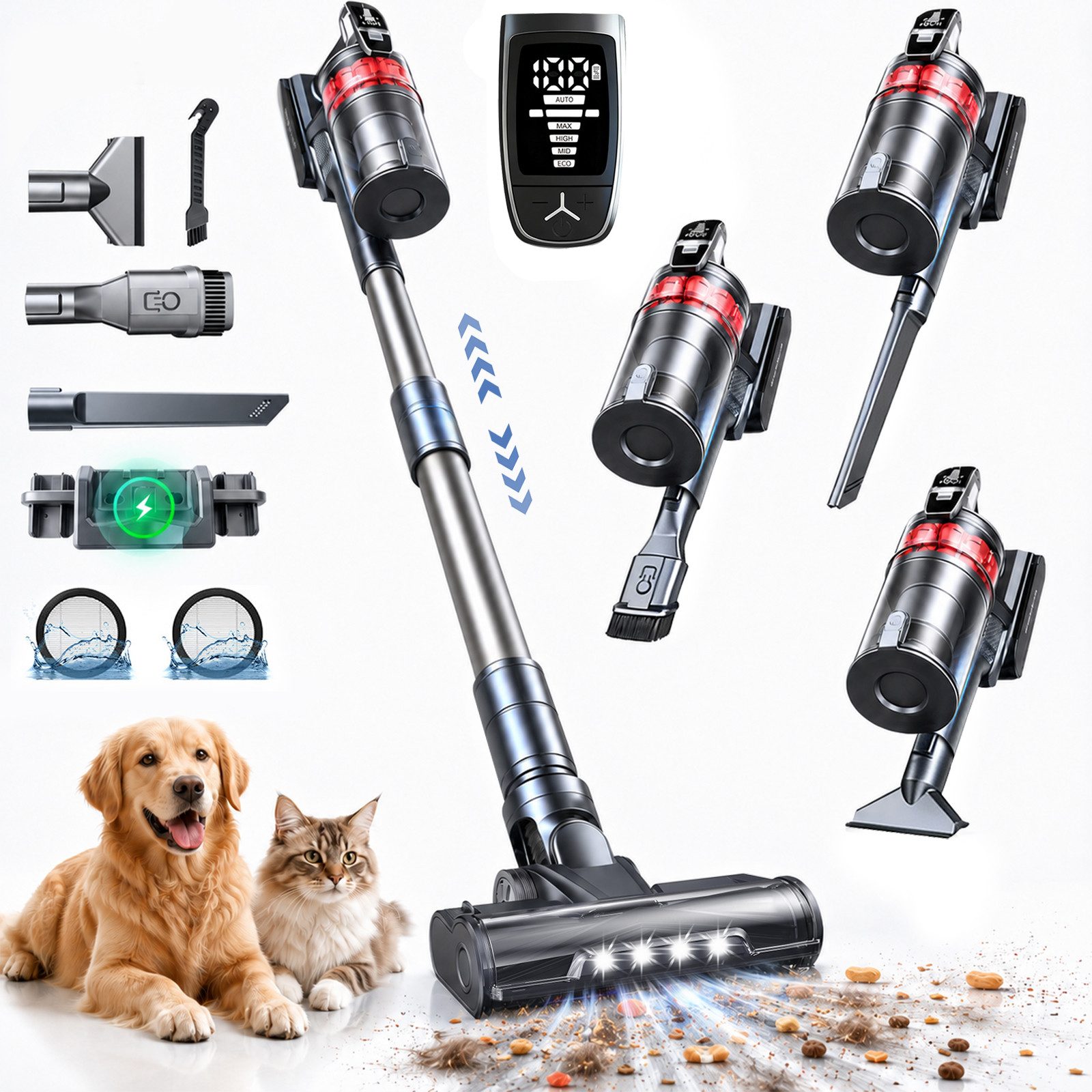 Grenintol Akku-Hand-und Stielstaubsauger Akku Staubsauger 85000Pa/500W/65Min, Staubsauger Kabellos beutellos, 500 W, Kabelloser Staubsauger mit LED Display, 4 Saugstufen, HEPA-Filtersystem & Anti-Verfilzungs-Walzenbürste, Akku Handstaubsauger Ideal für Teppich, Hartboden und Tierhaare