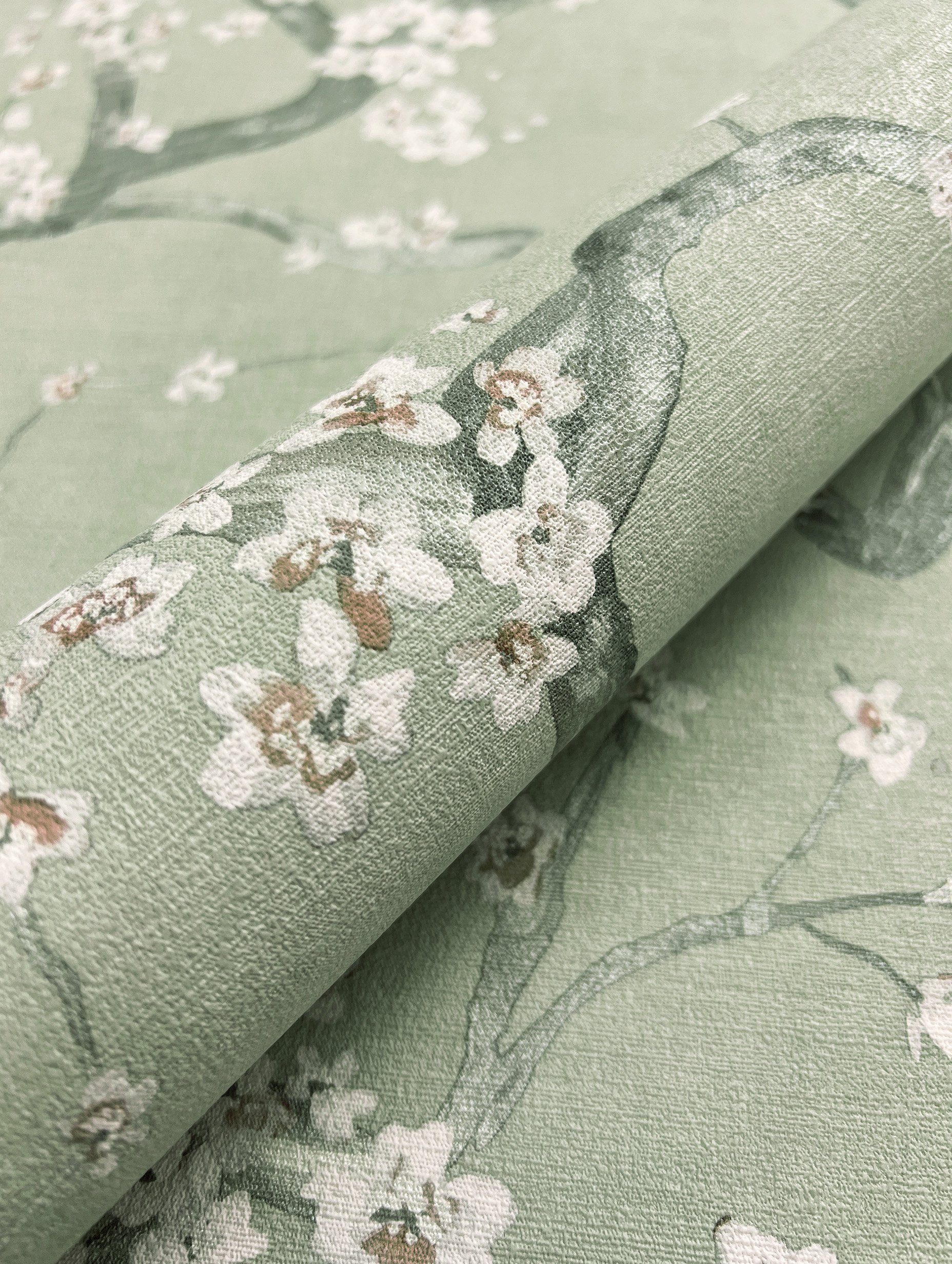 Newroom Vliestapete, Grün Tapete Floral Kirschblüten günstig online kaufen