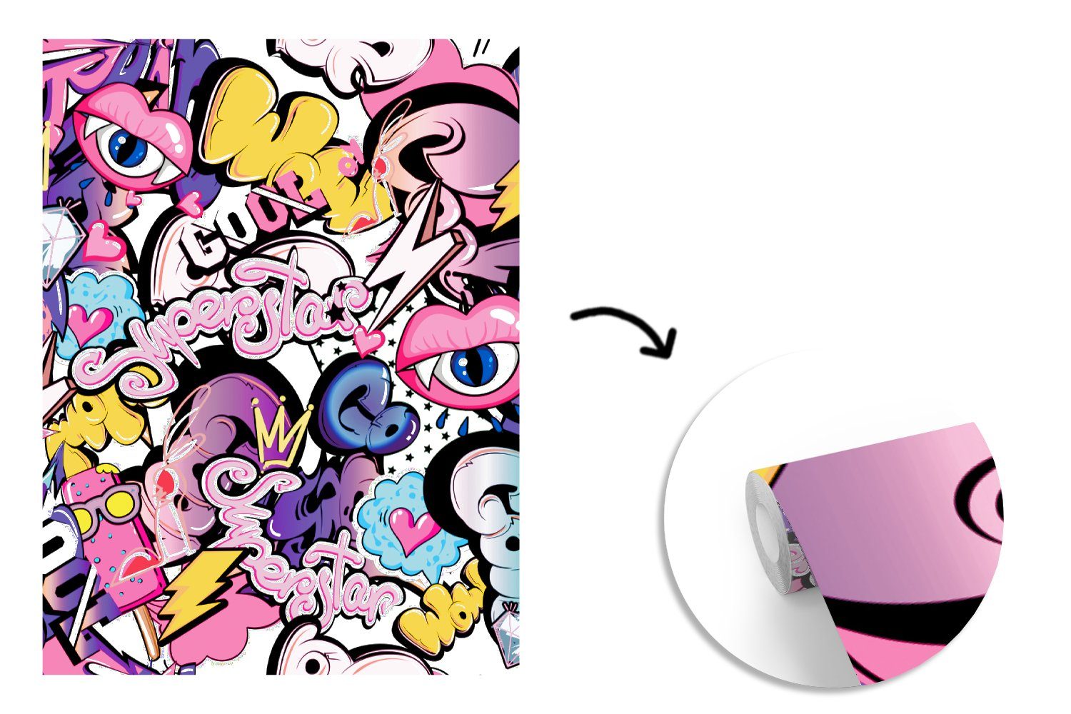 - Montagefertig St), Lippen Cool Superstar - Design Tapete - bedruckt, (4 Wandtapete - Kinder, Matt, für Wohnzimmer, Muster MuchoWow Fototapete Vinyl -