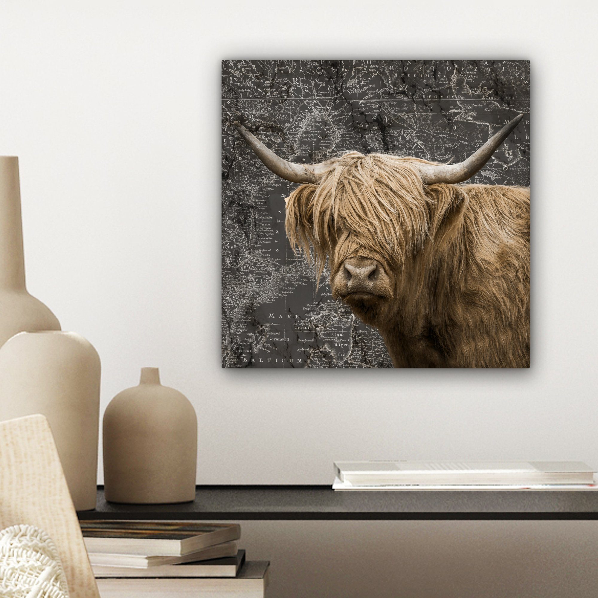 St), - Highlander OneMillionCanvasses® Weltkarte Schottischer Bilder Schlafzimmer, (1 Wohnzimmer 20x20 cm Tiere, - Leinwand für Leinwandbild