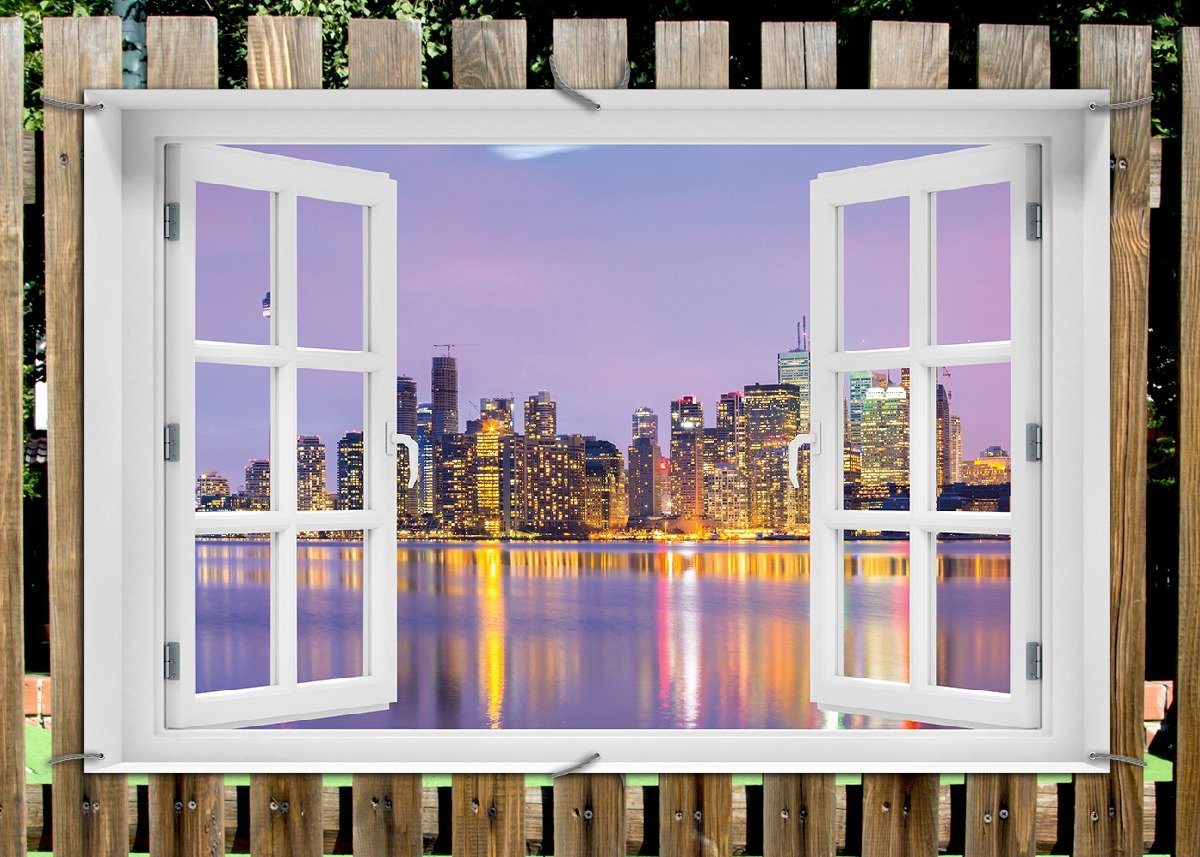 Thumbnail - Wallario Sichtschutzzaunmatten Toronto Skyline - Kanada am Abend, mit Fenster-Illusion