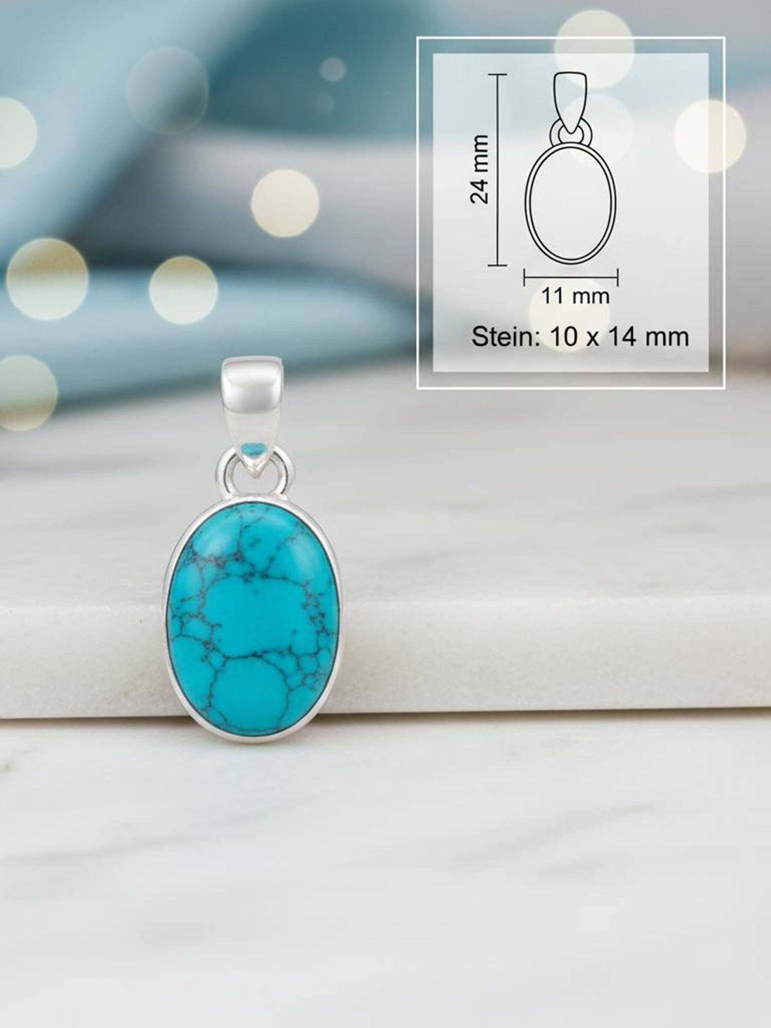 mantraroma Kettenanhänger SAMA oval aus 925 Silber mit Türkis (Kettenanhänger am Baumwollband im Schmuckbeutel), 925 Sterling Silber Kettenanhänger für Damen