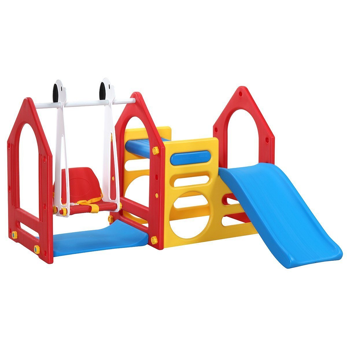 LittleTom Rutsche Kinder Spielhaus mit Rutsche Schaukel Spiel-Turm, 155x135cm Rot Gelb Blau