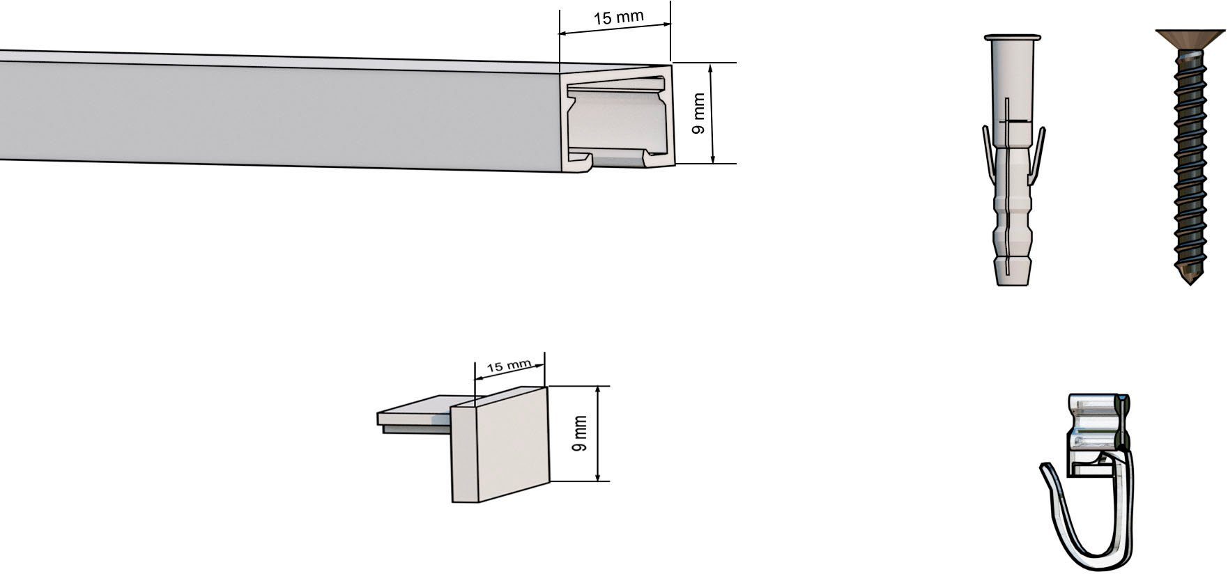 indeko Schienensystem Objektschiene, 1-läufig, Wunschmaßlänge, mit Bohren, verschraubt, Aluminium, Kunststoff, Innenlauf Gardinenschiene, Komplett-Set inkl. Gleitern&Montagematerial