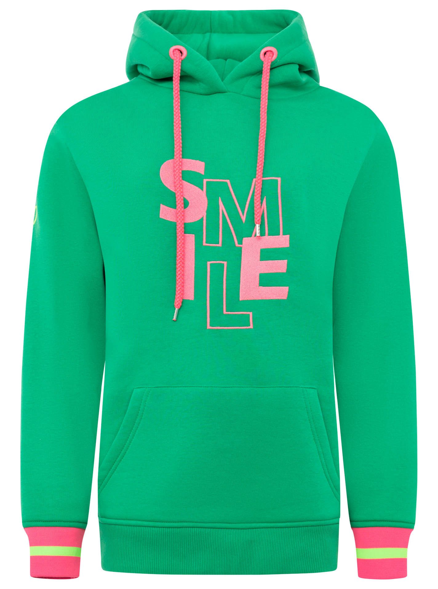 Zwillingsherz Hoodie "SMILE" große Stickerei, gestreifte Bündchen, Fronttasche, Kapuze