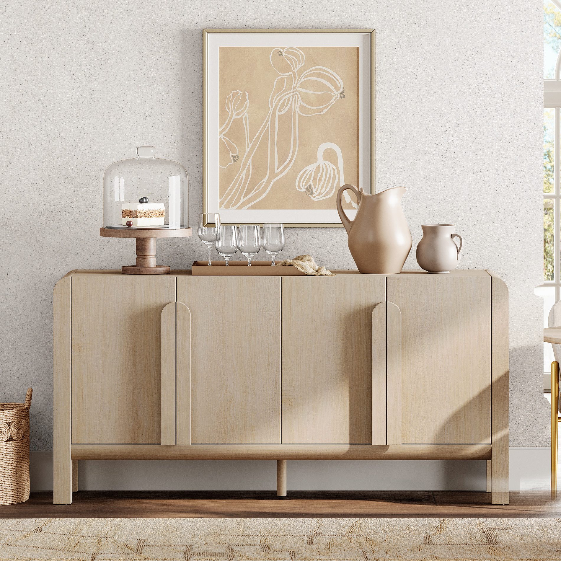 WAMPAT Sideboard mit 4 Fächern, 160 cm breit, 80 cm hoch, Holzoptik, eiche, beige, verstellbare Einlegeböden, für Flur, Wohnzimmer, Küche