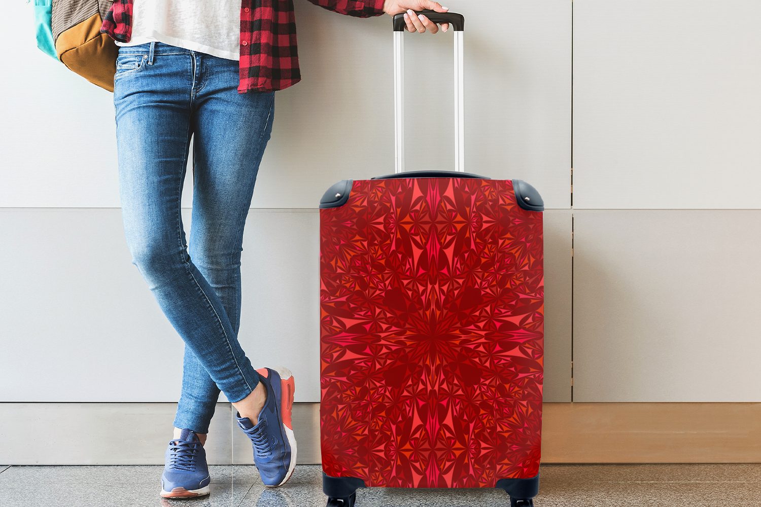 MuchoWow Handgepäckkoffer Kristall - Reisekoffer Trolley, Handgepäck Rollen, Ferien, - Reisetasche - Kaleidoskop mit 4 Rot Muster, für rollen, Design 