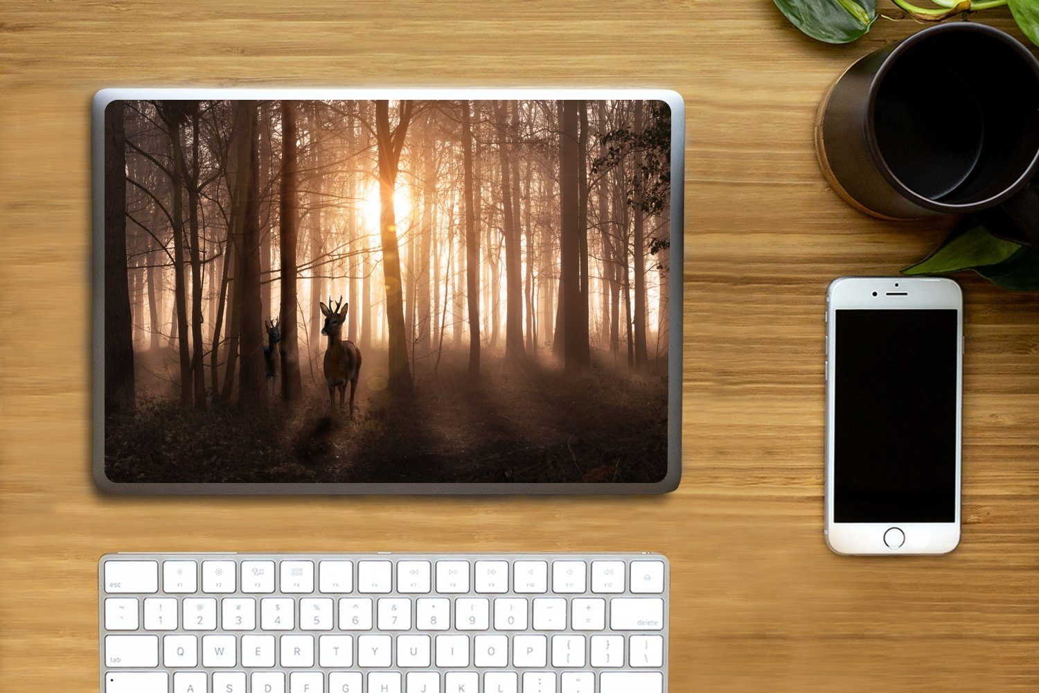 Thumbnail - MuchoWow Laptop-Aufkleber Wald - Hirsche - Sonne - Bäume - Winter - Natur - Tiere, (1tlg), Laptop Folien Cover, Aufklebe...