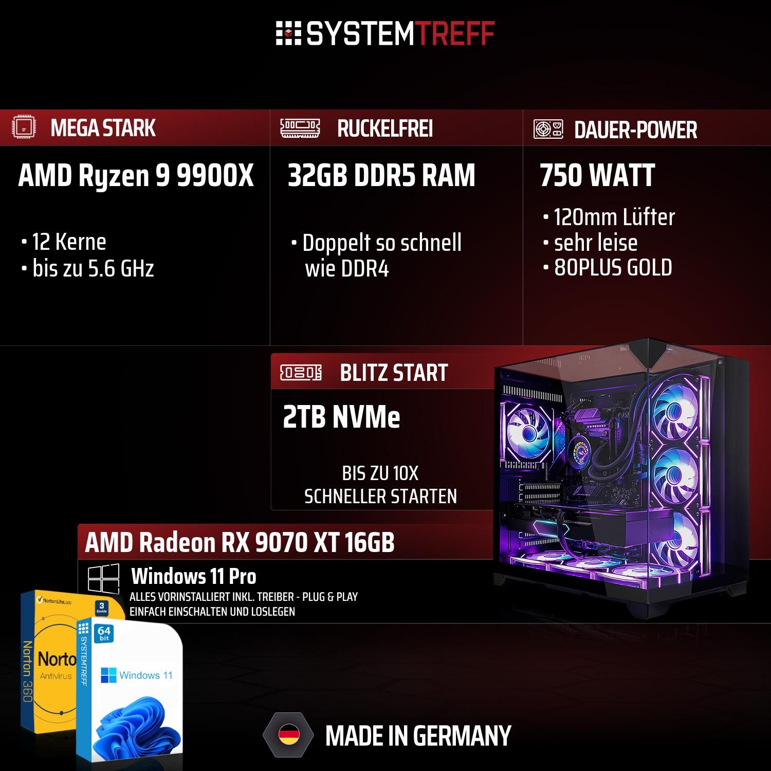 SYSTEMTREFF AMD Ryzen 9 9900X mit AMD Radeon RX 9070 XT 16GB Gaming-PC (AMD 9900X 9900X, Radeon RX 9070 XT, 32 GB RAM, 2000 GB SSD, Wasserkühlung)