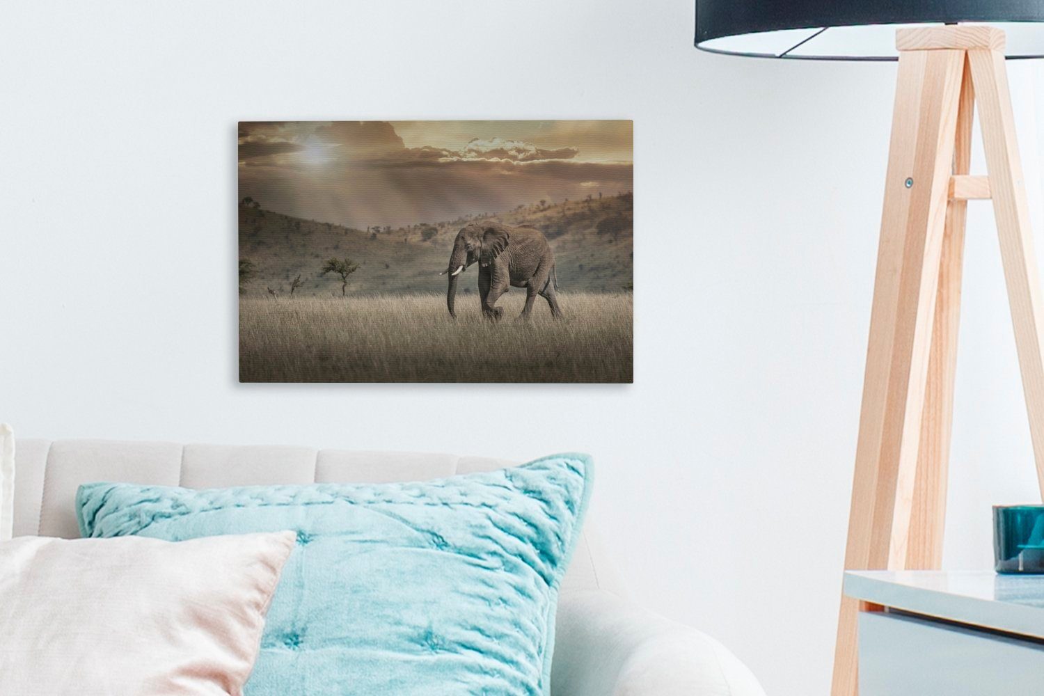 OneMillionCanvasses® Leinwandbild Elefant in der Mara Kenia, Masai (1 Nationalparks in Leinwandbilder, Aufhängefertig, des St), Wandbild cm 30x20 Wanddeko, Savanne