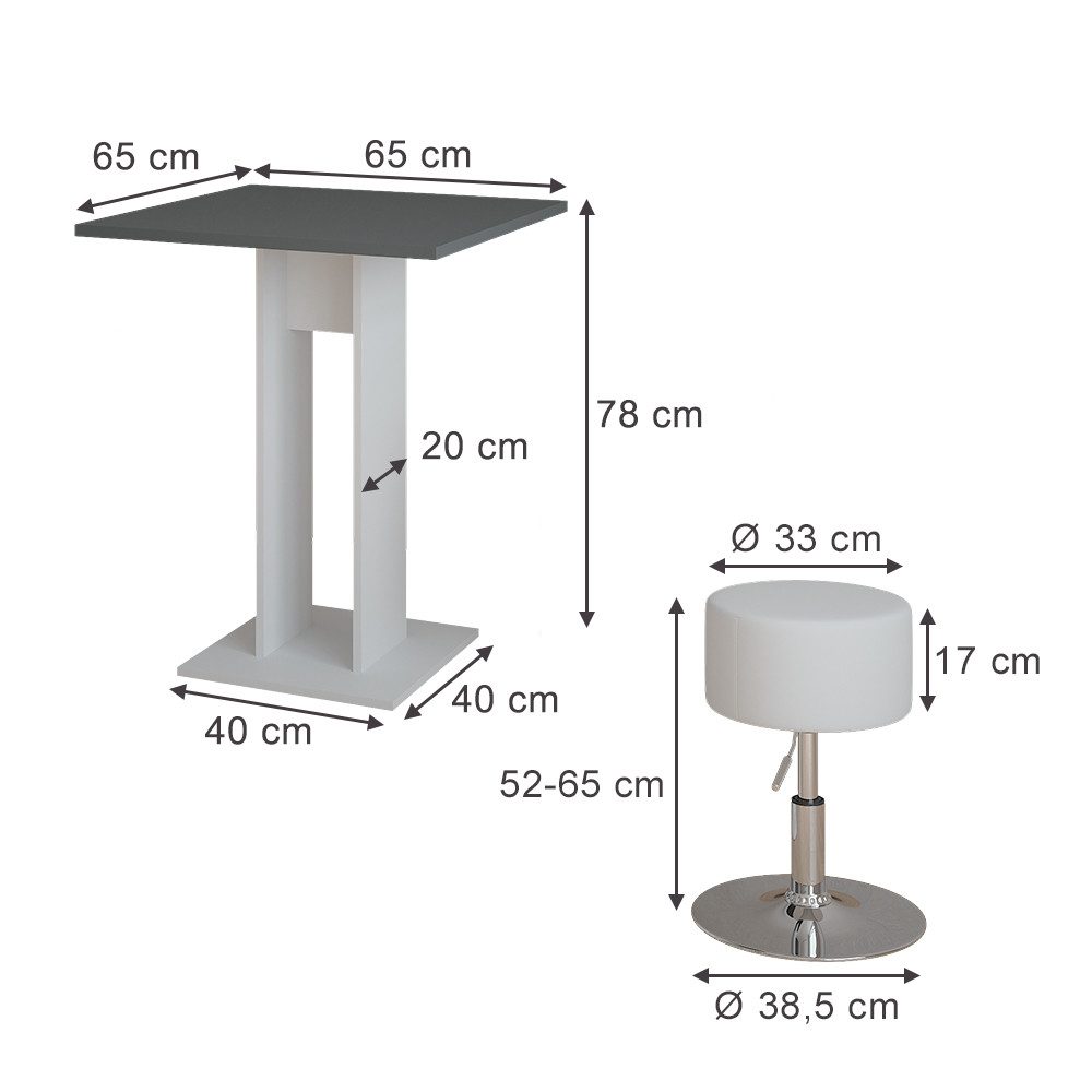 Vicco Essgruppe Repose, Weiß/Anthrazit/Weiß, 65 x 65 cm mit 2 Hockern günstig online kaufen