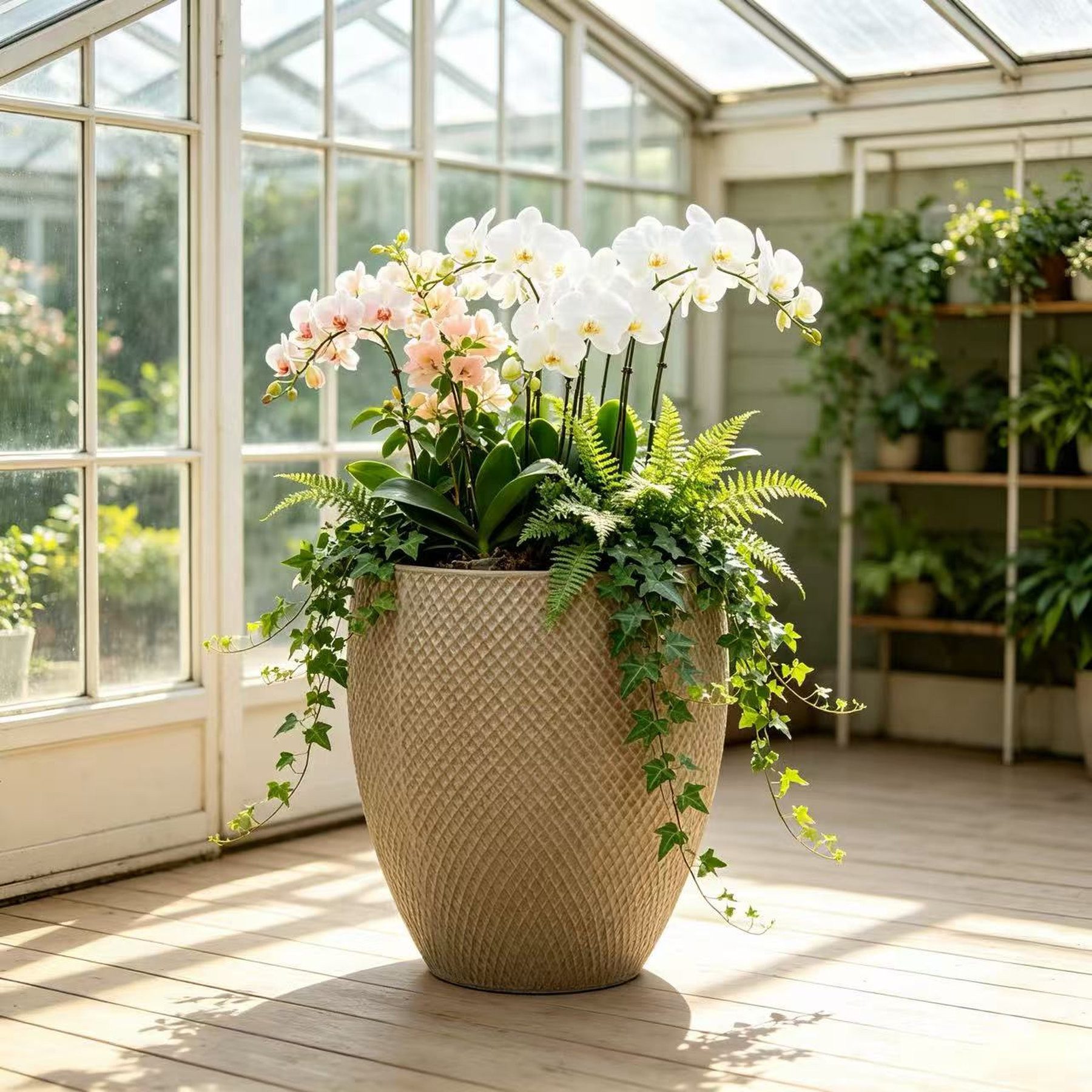 Odikalo Blumentopf Einzel-Keramik Großpflanztopf mit durchgehendem feinem Rautenrelief (glänzendes mit Ablauflöchern atmungsaktiv frostsicher für Innen Balkon und Garten Ø46cm Höhe 53cm)