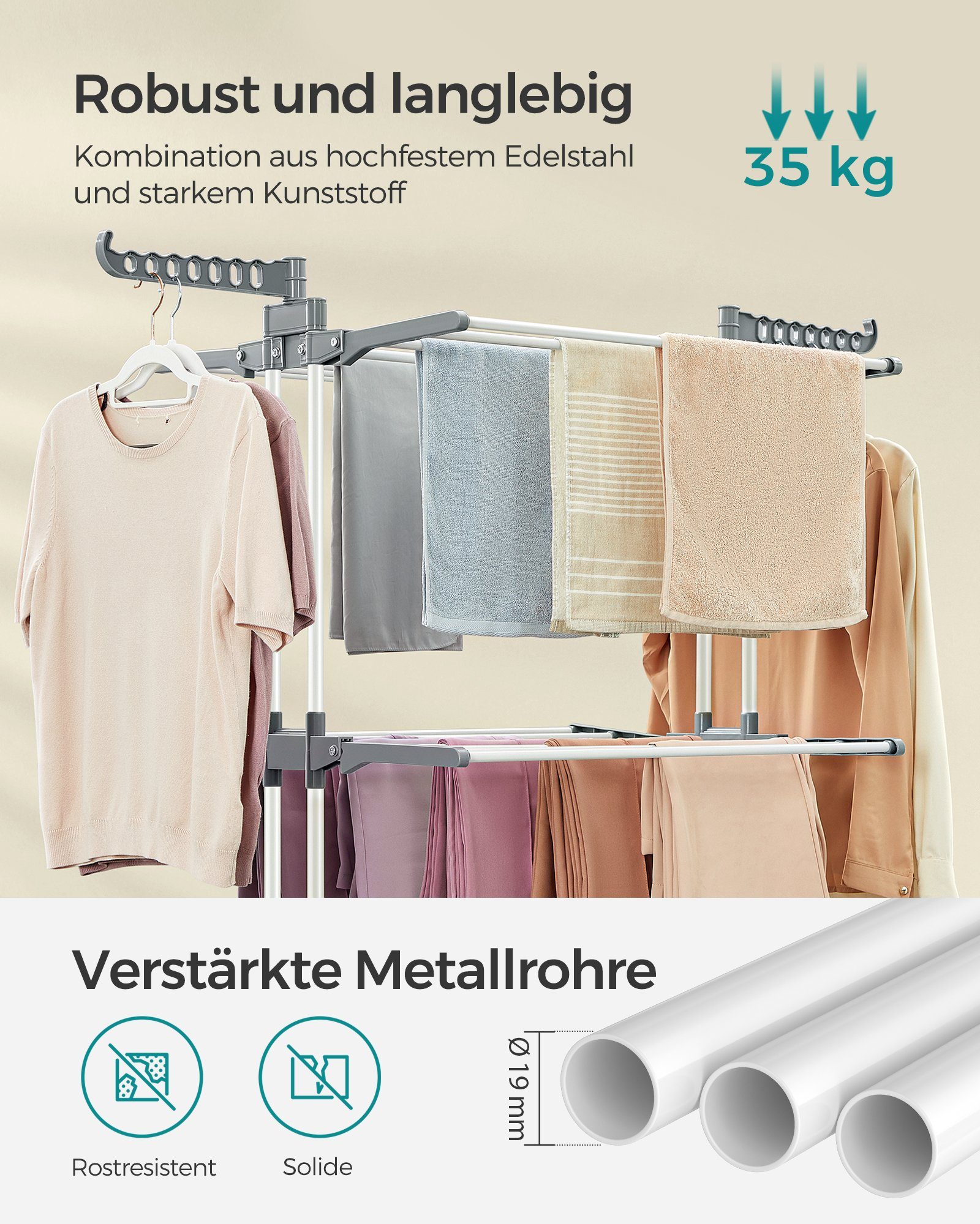 SONGMICS Wäscheständer Turm Standtrockner 4 Ebenen, Flügelwäscheständer, einfacher Aufbau, klappbare Flügel, mit Rollen, 63,5 x 128 x 173 cm – Bild 4 von 5